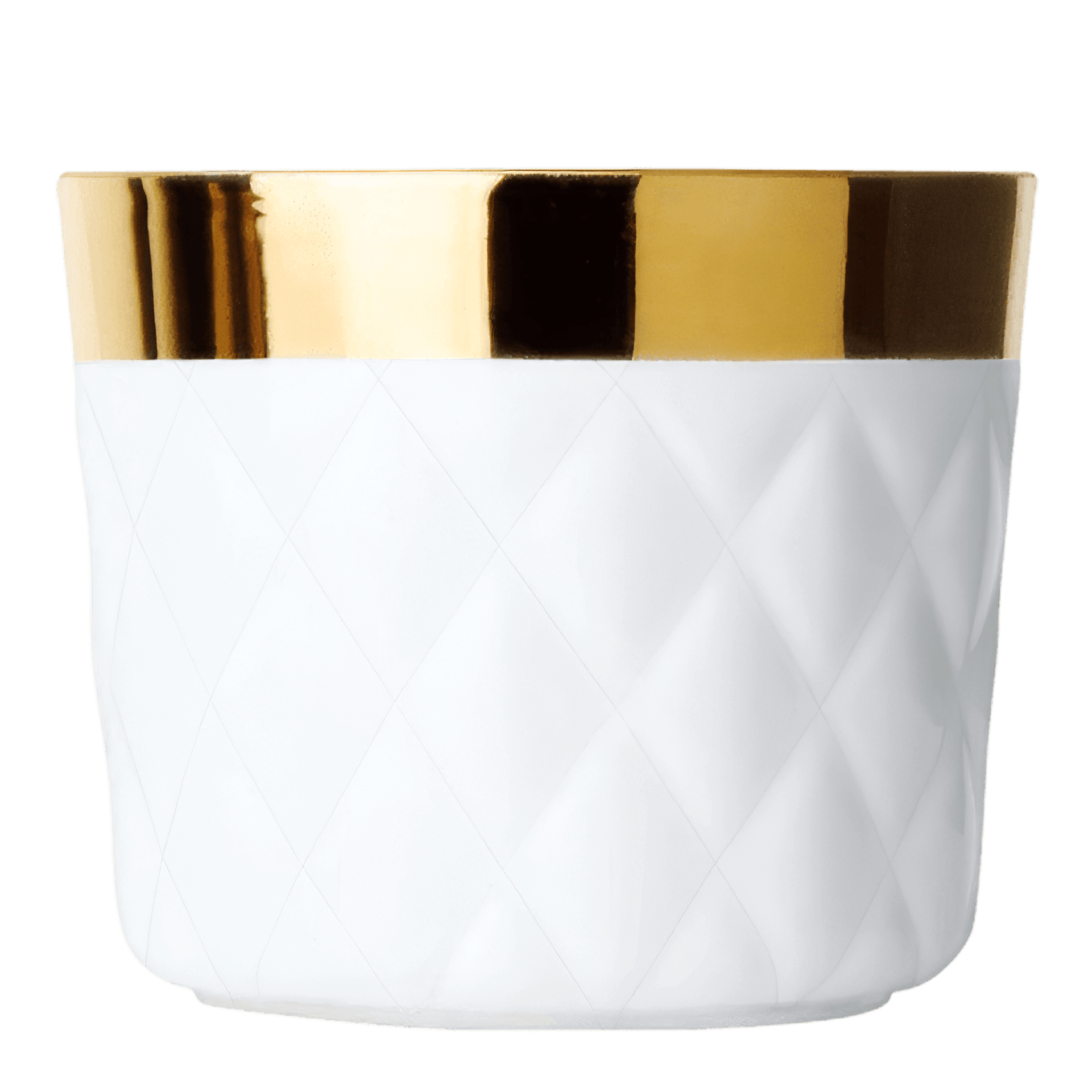 SIEGER by FÜRSTENBERG Champagnerbecher Kissenrelief Weiß SIP OF GOLD, glänzendes weißes Keramik, goldener Rand, texturiertes Muster, facettierte Oberfläche, Becher/Becherform
