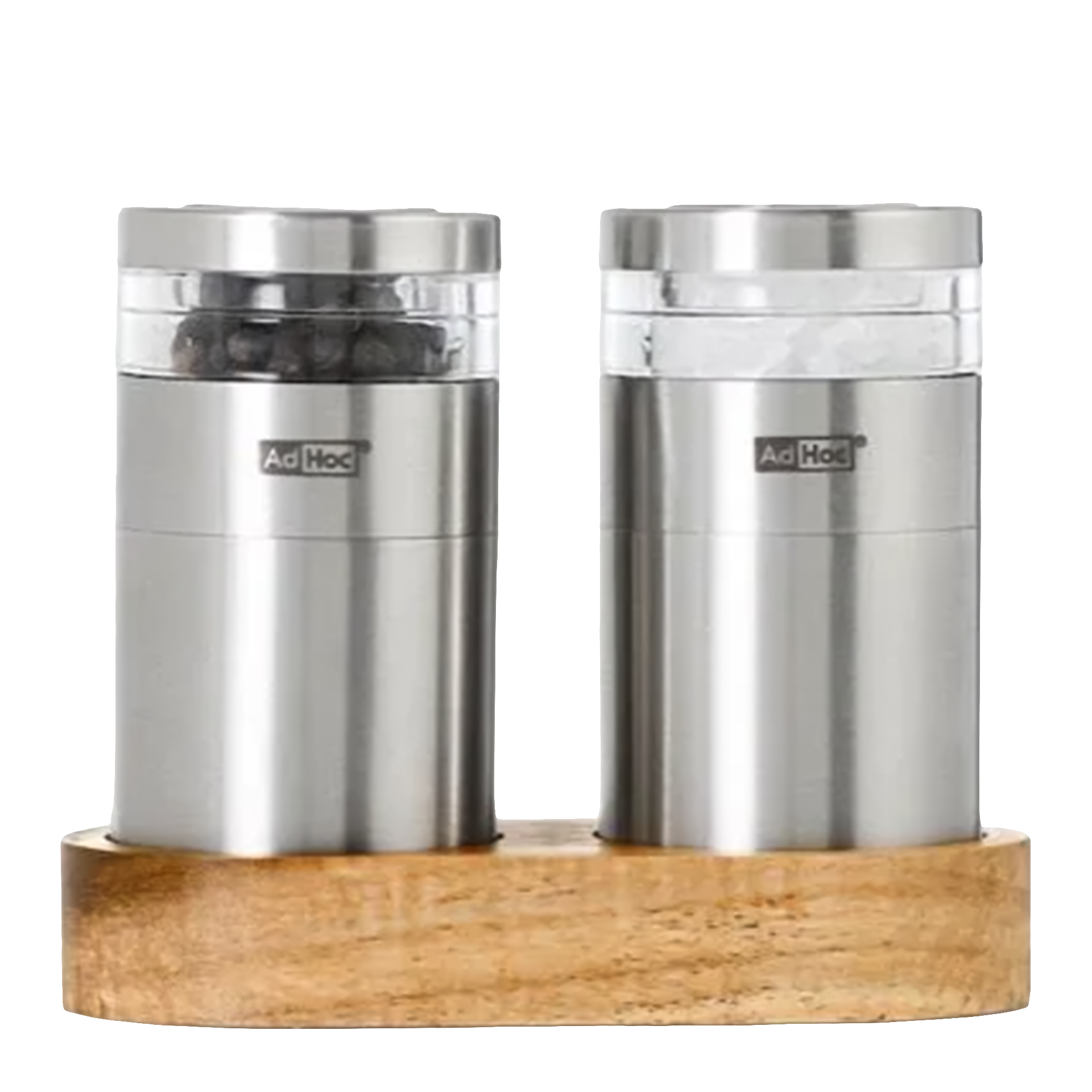 Salt- & Pepper Mill Set Stainless Steel, Salz- und Pfefferstreuer, Streuer-Set, Edelstahl, Holzuntersetzer, Küchenzubehör
