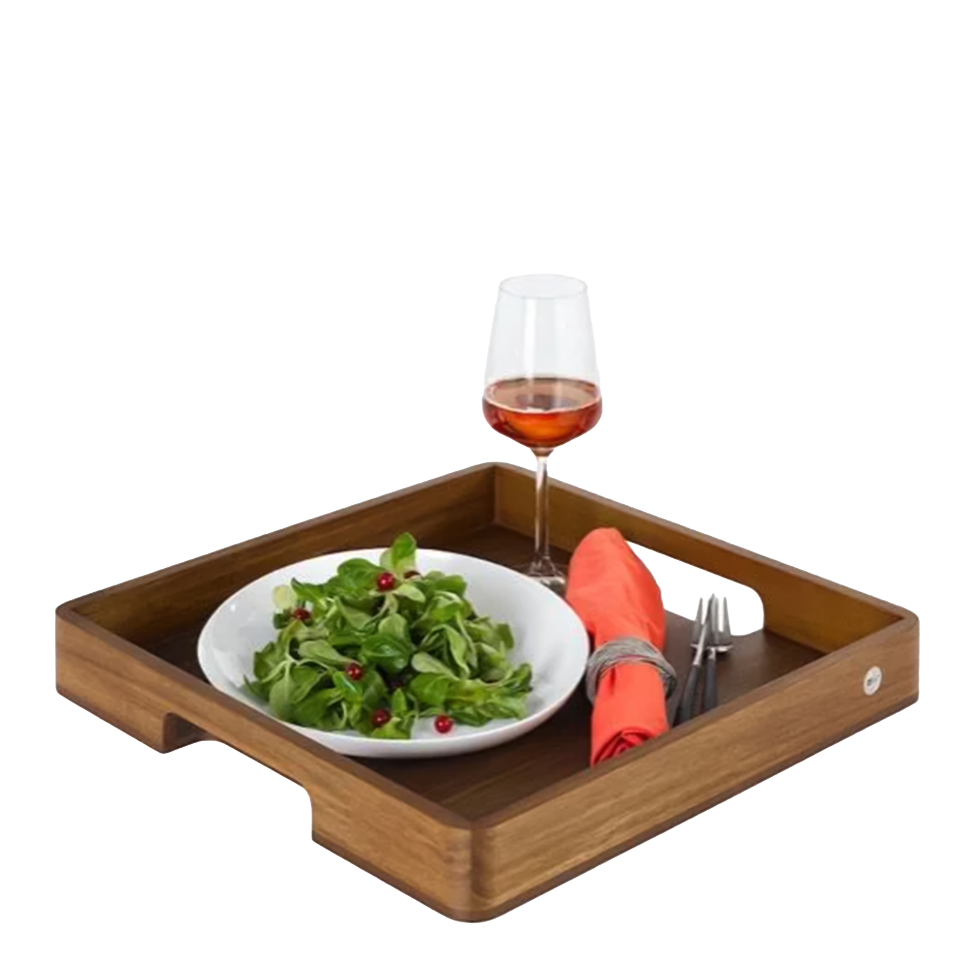 Serving Tray Square 40x40 cm, Holztablett, Salatplatte, Weinglas, Rotweinglas, Serviertray