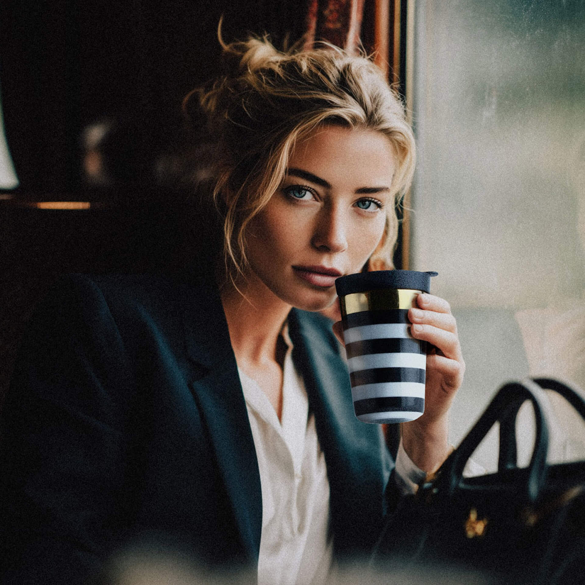 SIEGER by FÜRSTENBERG Coffee To-Go Becher Cross Stripes 0,40 l MY COMPANION,, Kaffeebecher, Streifen, Mantel, Blazer, Blonde Frau