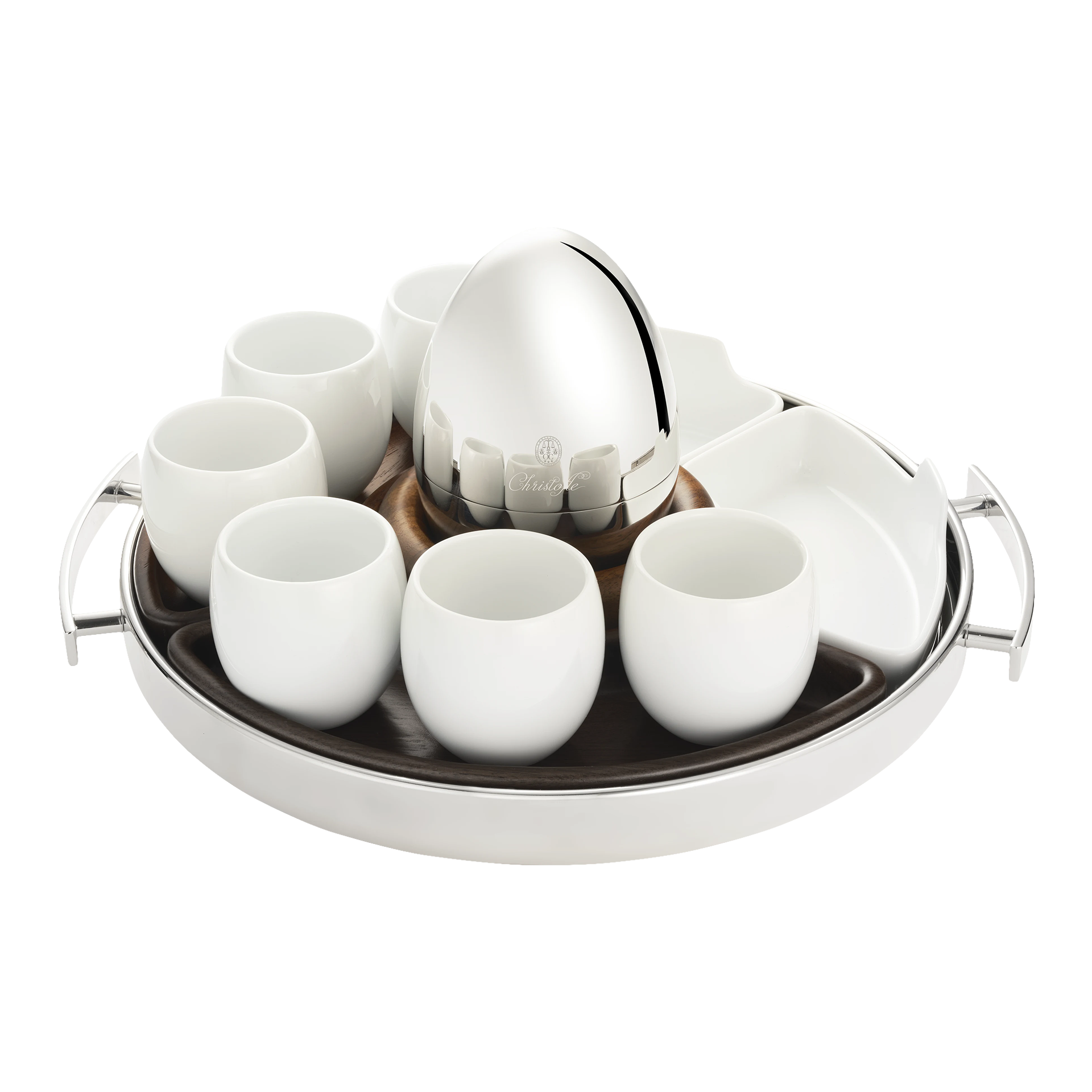 Tray round with handles, Kaffee-/Teekanne, Teeservice, Tassen, Silber, Teller/Tablett