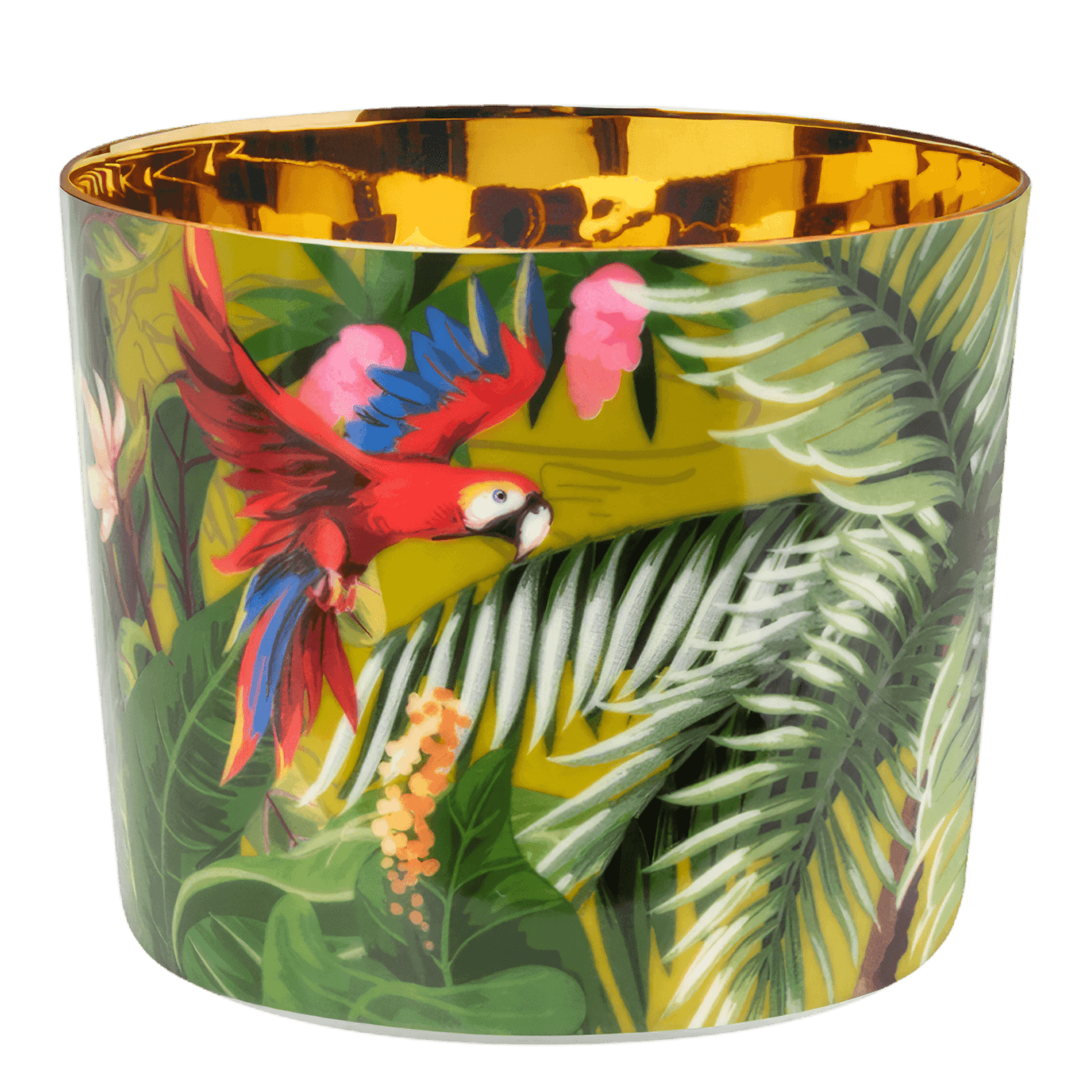 SIEGER Champagnerbecher Jungle, Tropischer Becher, Parrot-Motiv, T tropische Pflanze, Gelb-Grün Muster, Glänzende Innenfläche