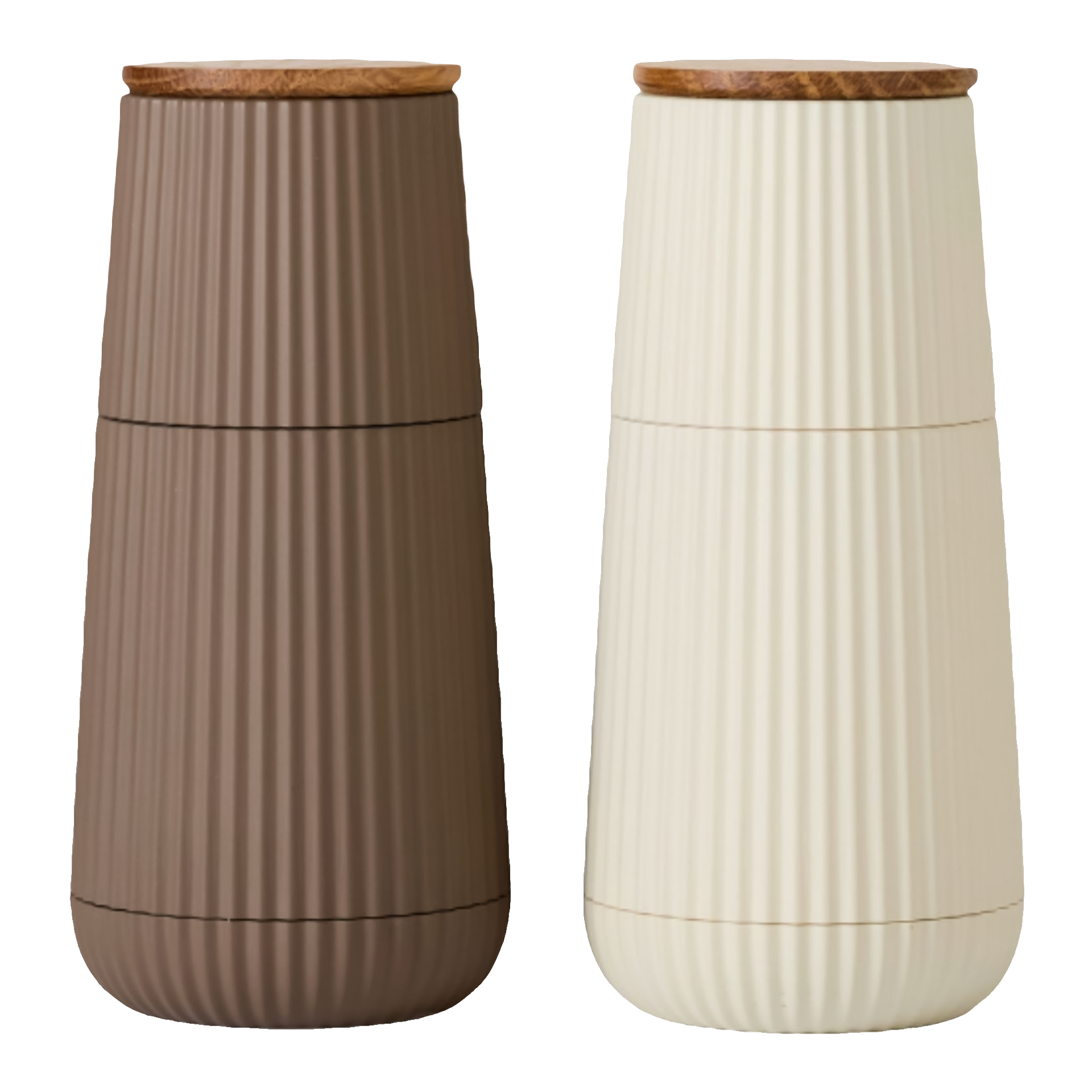 Salt & Pepper Mill Set Beige/Brown, Griffkork-Topf, Stoffvase, Ribbed Oberfläche, Braun, Creme
