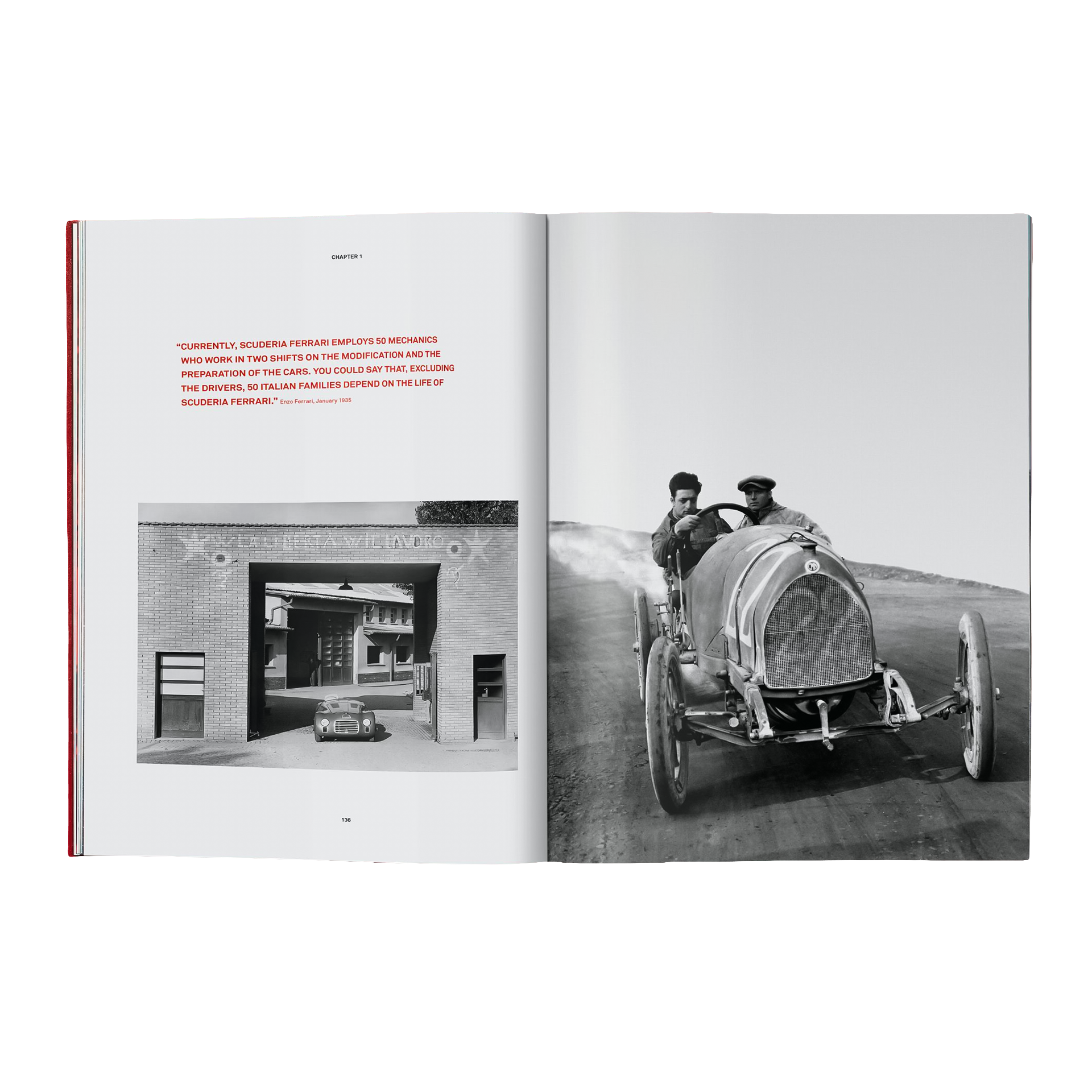 Coffee Table Book Ferrari, altes Auto, Rennwagen, Vintage-Fahrzeug, Busenfront Auto, Schwarzweiß-Foto