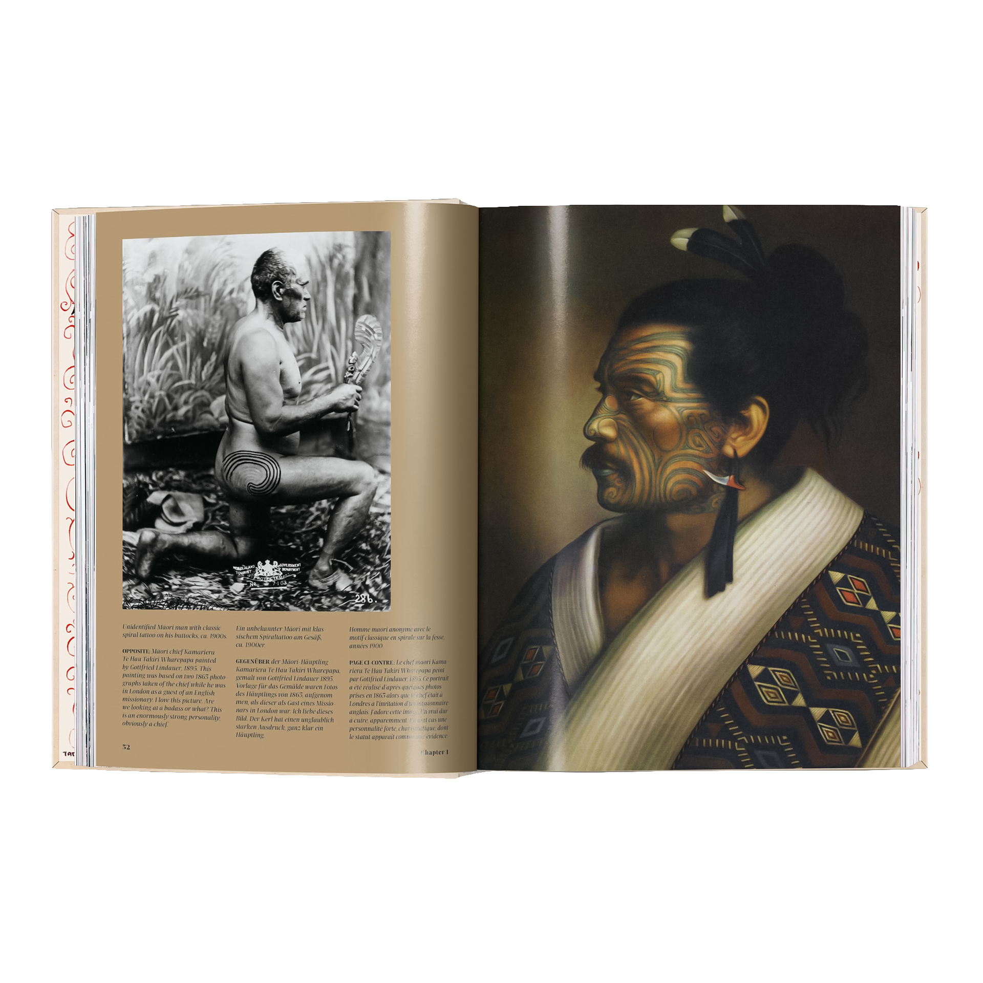 Coffee Table Book TATTOO. Henk Schiffmacher’s Private Collection, Fotobuch, Kunstporträt, tattooierter Mann, Schwarzweißfoto, traditionelle Kleidung