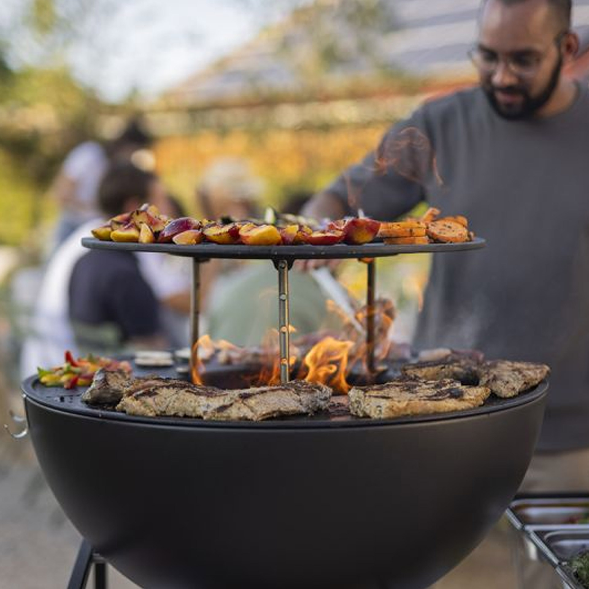 Warming ring 70, Grill, Grillfleisch, Pfanne, Gemüsespieße, Feuergrill