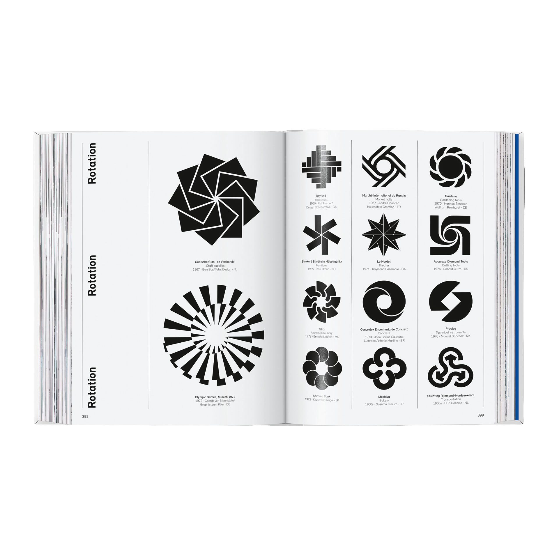 Coffee Table Book Logo Beginnings. Logo Modernism, designbuch, grafische formen, schwarzweiß, geometrische muster, offene seite