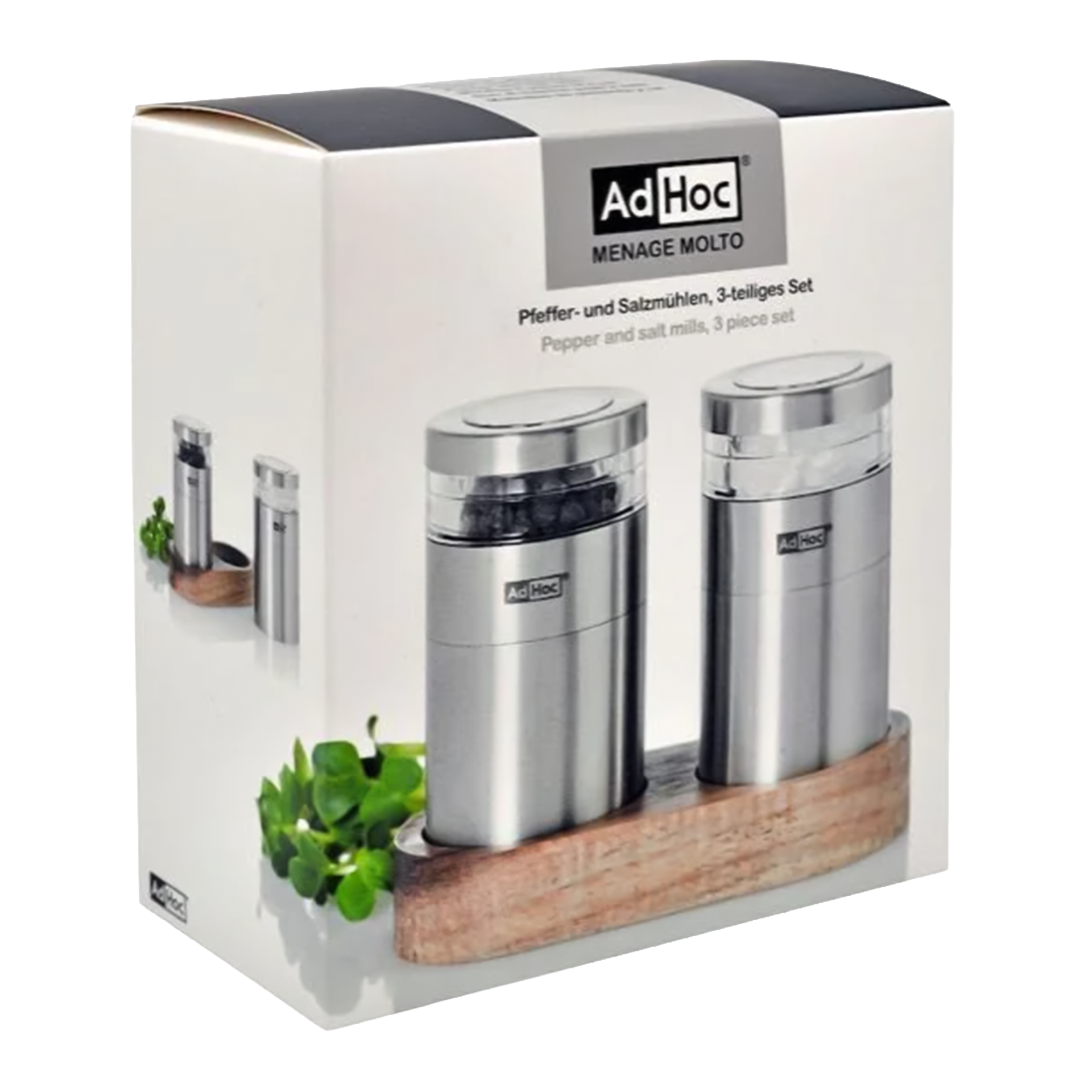 Salt- & Pepper Mill Set Stainless Steel, Salzmühlen, Pfeffermühlen, 3-teiligesSet, Stahl, Küchenzubehör