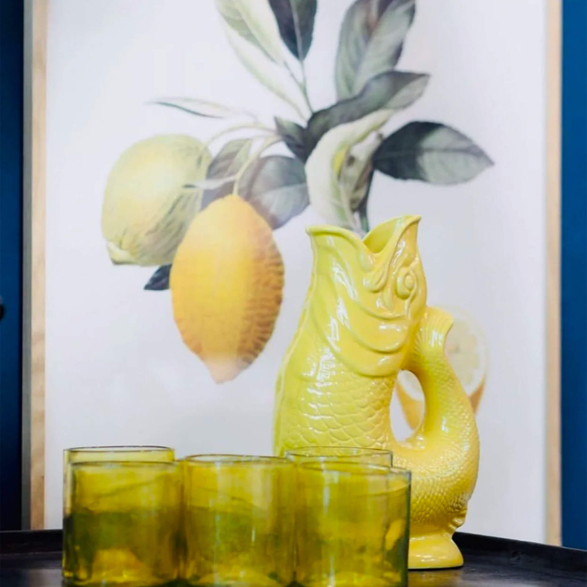Jug yellow XL 1.20 l, zitronengelbe vase, gelber deko-vasen, grüne glasbecher, gelbfarbener dekoration, vasen mit henkel