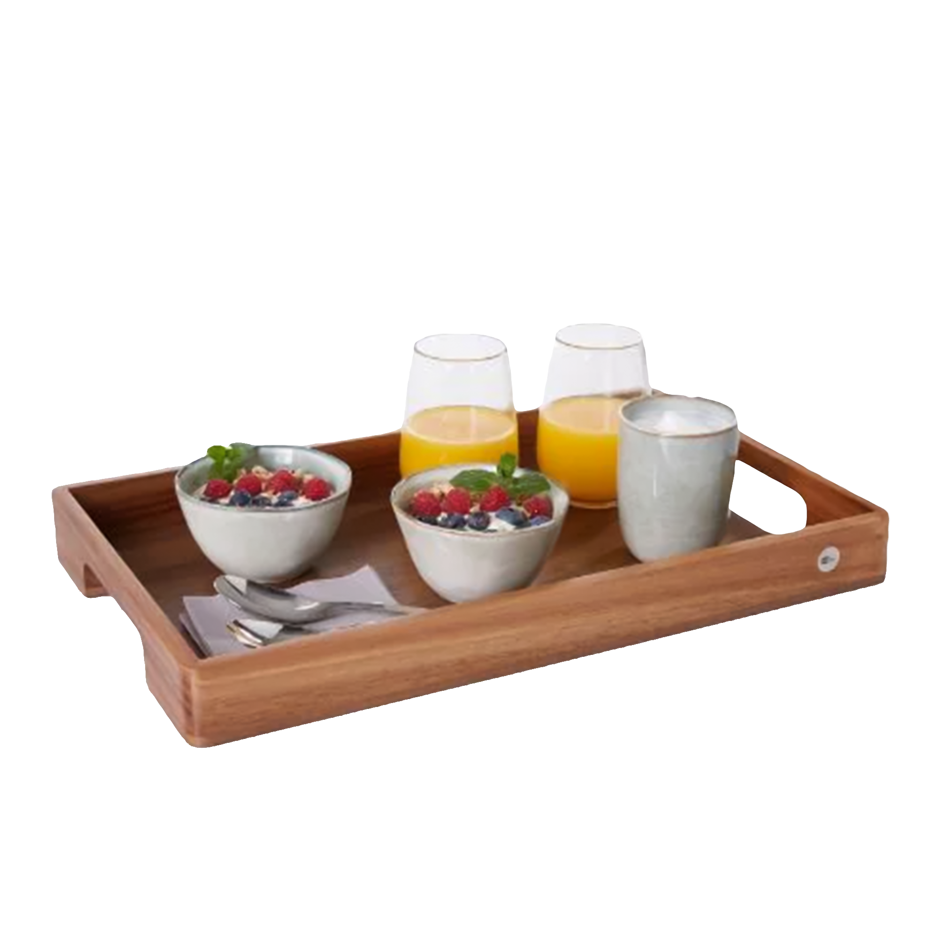 Serving Tray Rectangular 50x30 cm, Holztablett, Frühstückstablett, Orangensaft, Joghurt mit Obst, Beeren im Schale