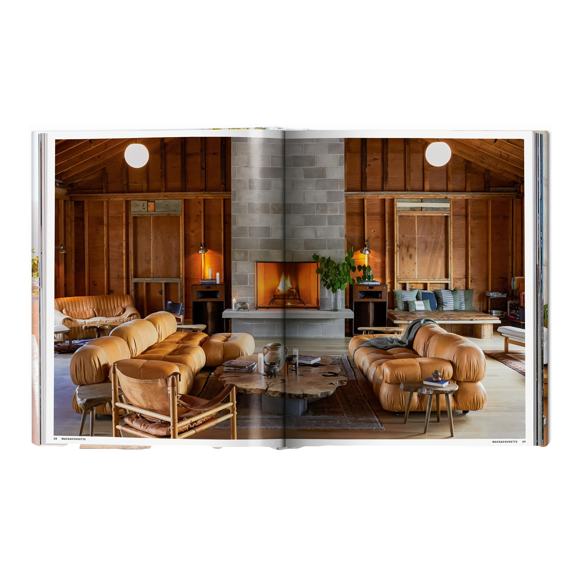 Coffee Table Book Great Escapes USA, Sofaset, Ledersofa, Wohnzimmer, Kamin, Holzinterieur