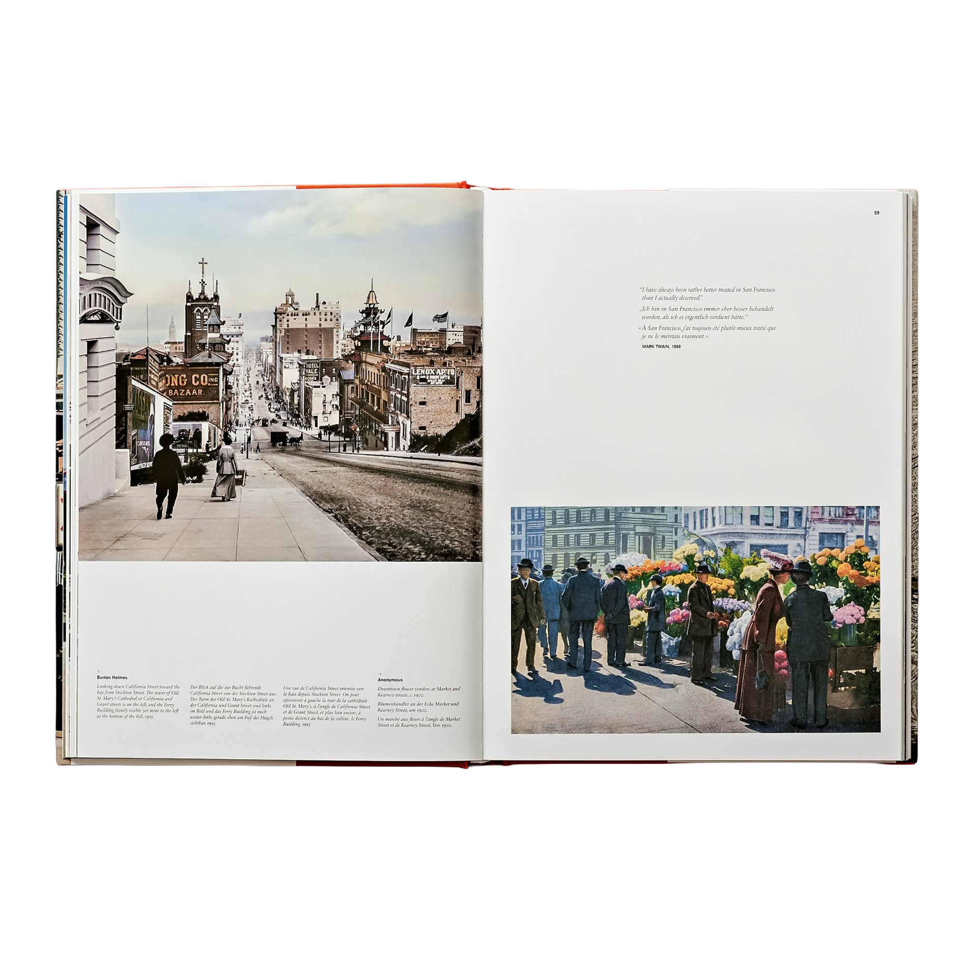 Coffee Table Book San Francisco, Stadtansicht, Straßenscene, Vintage Foto, Menschenmarktplatz, Florale Anzeige