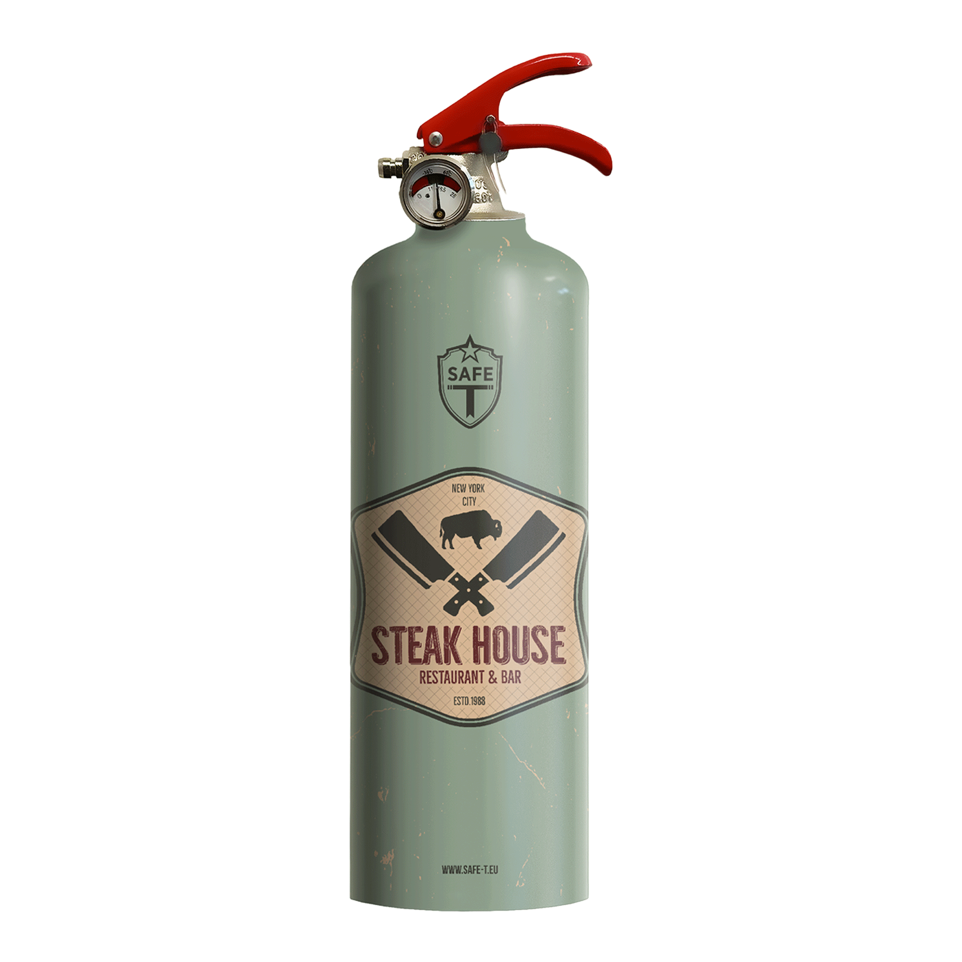Safe-T, Interior Design, Design-Fire Extinguisher Steak House, Feuerlöscher, Mini-Löschgerät, Rotgriff, Logo Steakhouse, Steak House Logo