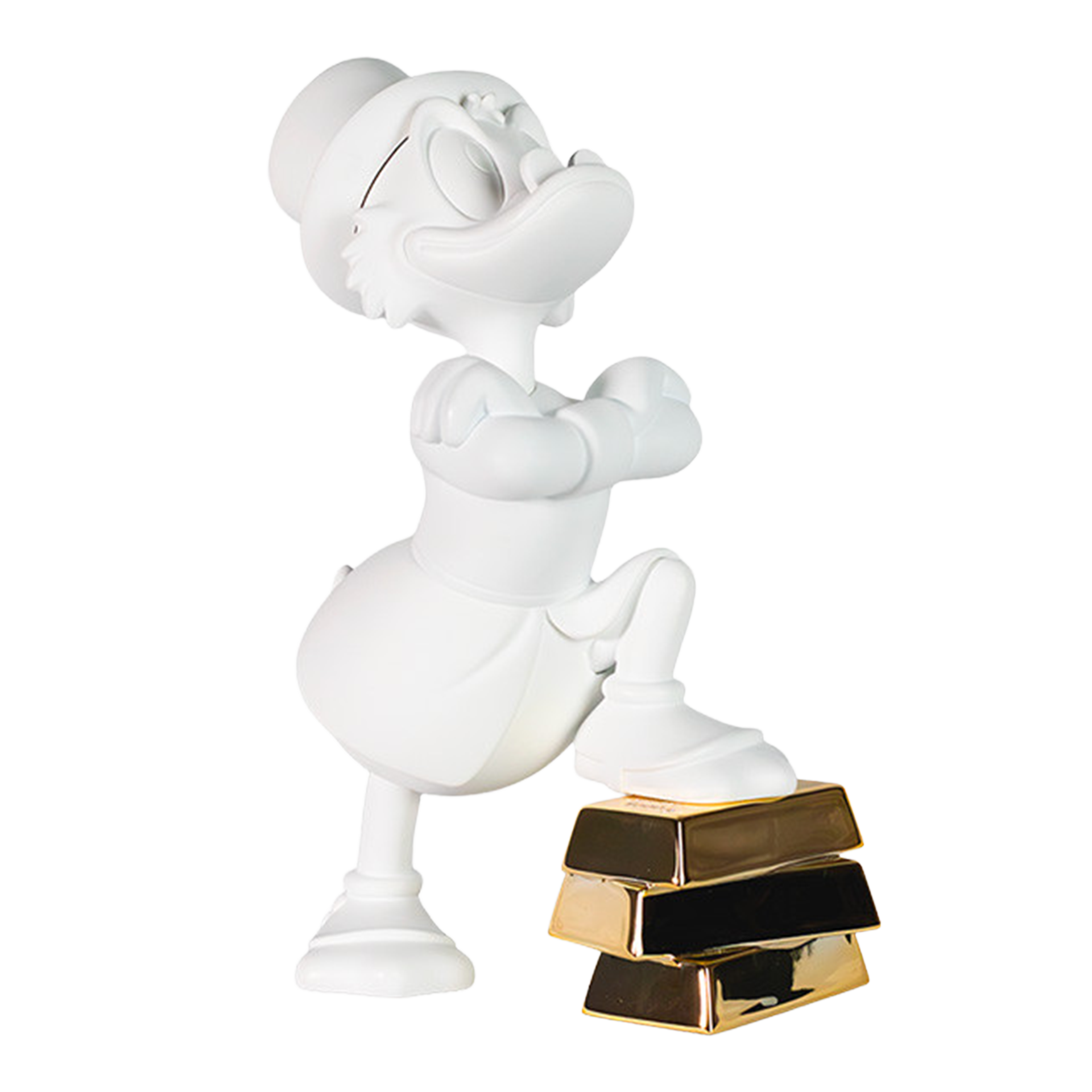 Uncle Scrooge with ignots white & gold 30 cm, figurine, Micky Maus, weiße Statue, Goldbarren, Cartoonfigur