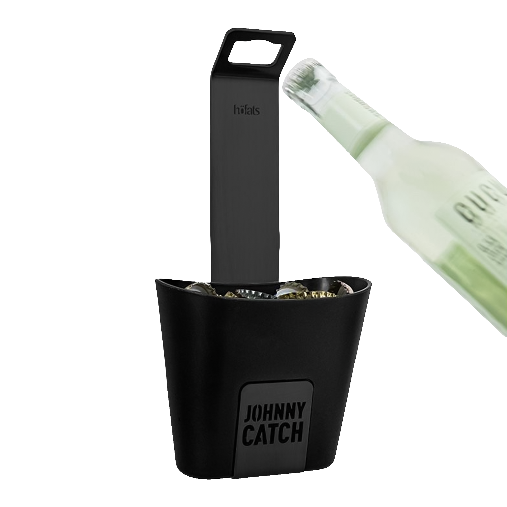 Cup Bottle Opener Black, Flaschenöffner, Bierflasche, Weinflasche, Untersetzer, schwarzer Halter