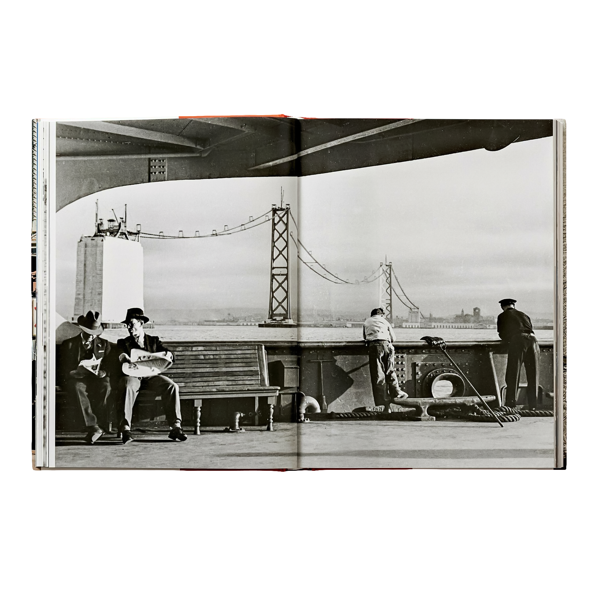 Coffee Table Book San Francisco, Schiffsdeck, Seilbahnbrücke, Hafenszene, insgesamt Männer, Schwarzweißfoto