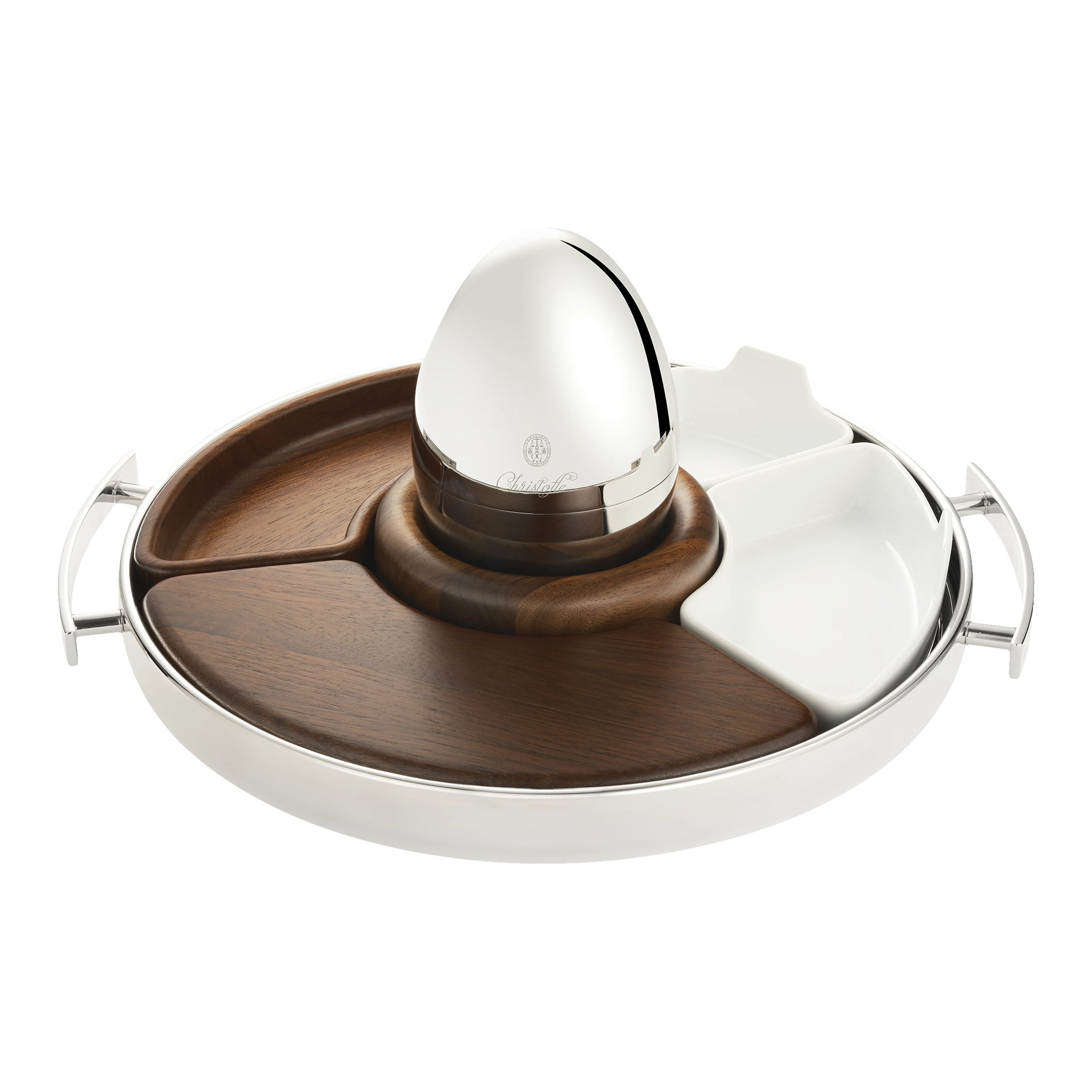 Tray round with handles, Eierkocher, Eierbecher, Servierplatte, Holzoptik, Chrombeschläge