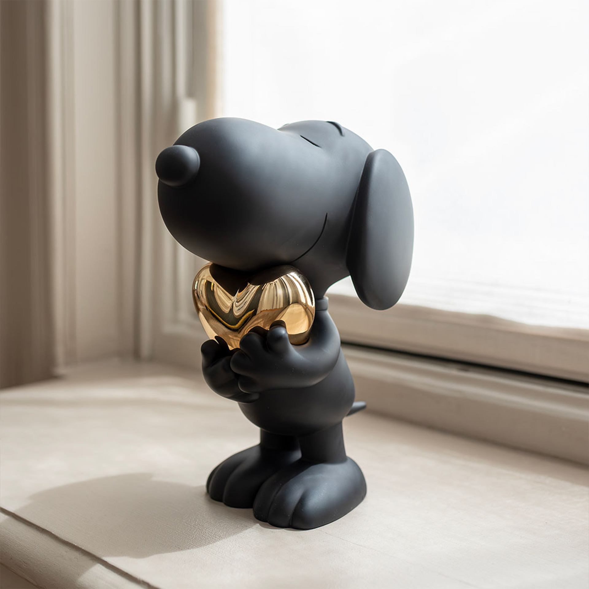 Snoopy Heart black and gold 27 cm, Hund Figur, Schnauze, Schwarze Figur, Herz-Accessoire, Sammlerfigur