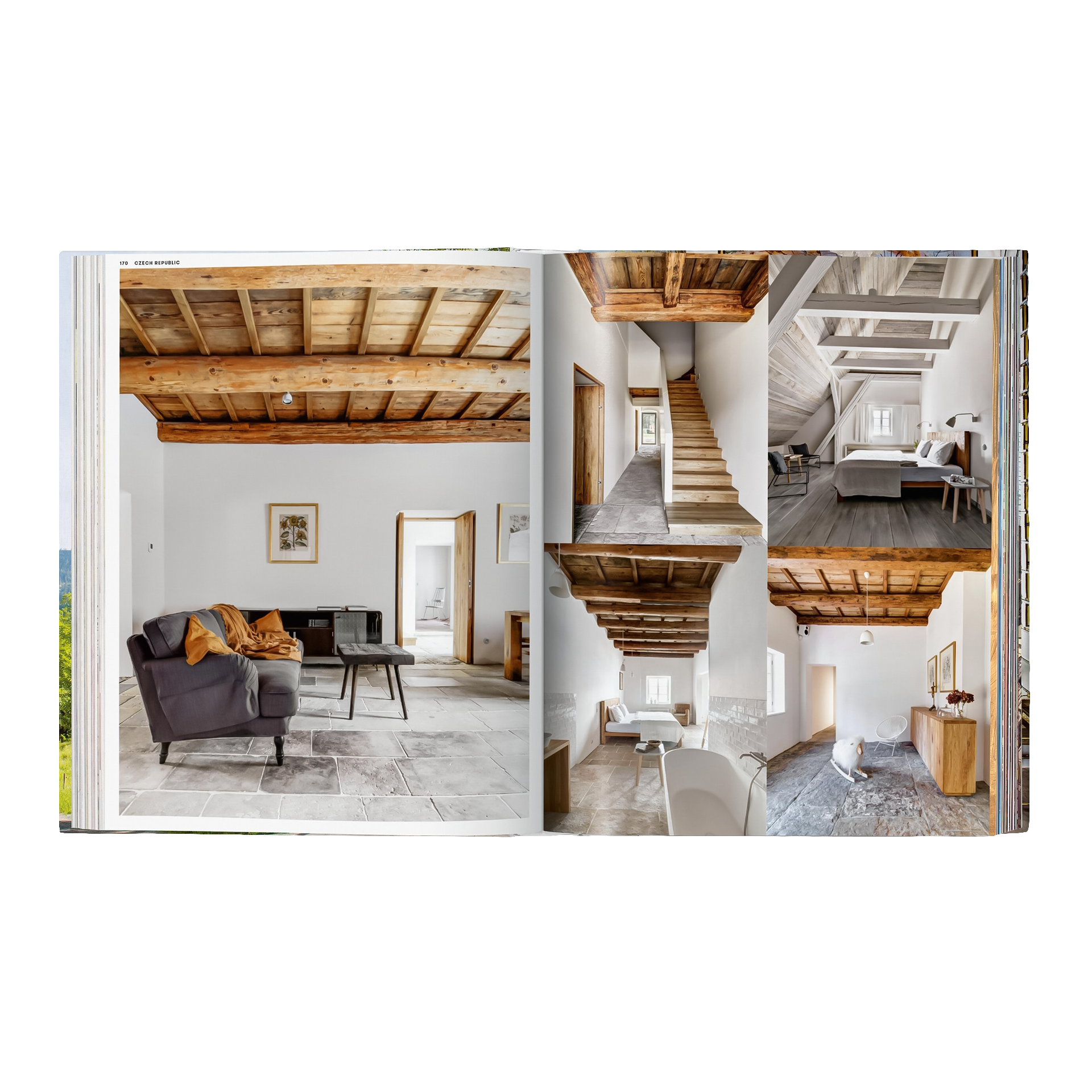 Coffee Table Book Great Escapes Europe, Wohnzimmer, Holzbalken, Offenes Wohnen, Natursteinboden, Treppenaufgang