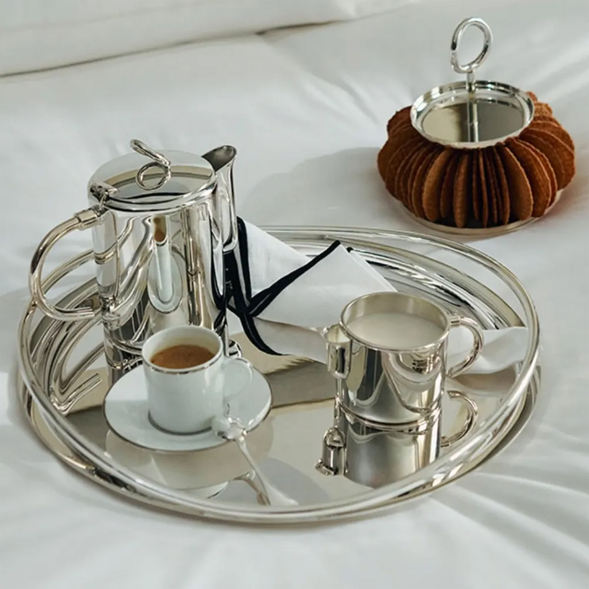 Tray round 39 cm silver-plated, Trolley, Kaffeekanne, Espressoteller, Espressotasse, Serviertray