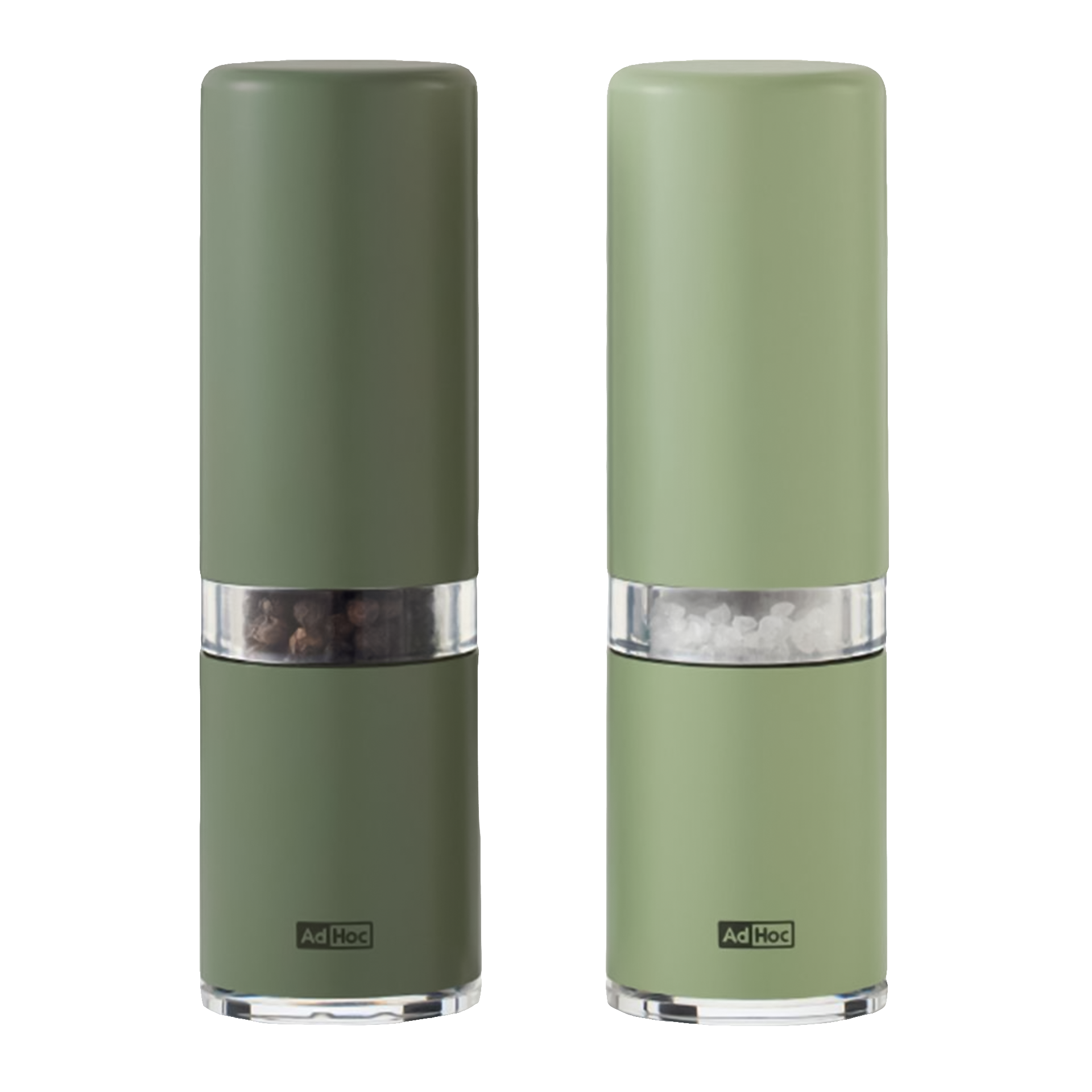 Salt & Pepper Mill Set Green, Salz- und Pfefferstreuer, Gewürzmühle, Kunststoff, Grüner Deckel, Transparentes Fenster
