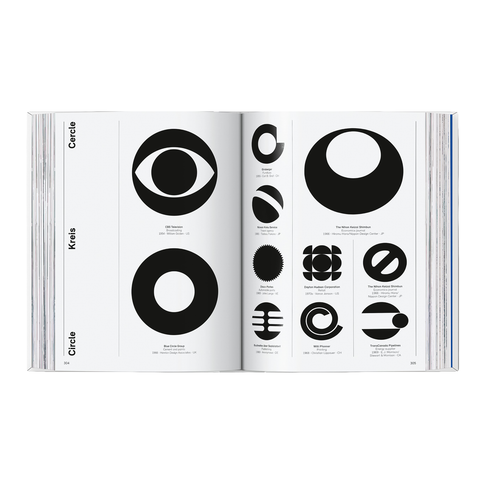 Coffee Table Book Logo Beginnings. Logo Modernism, buch, offene seiten, schwarzweiß, grafische gestaltung, kreismuster