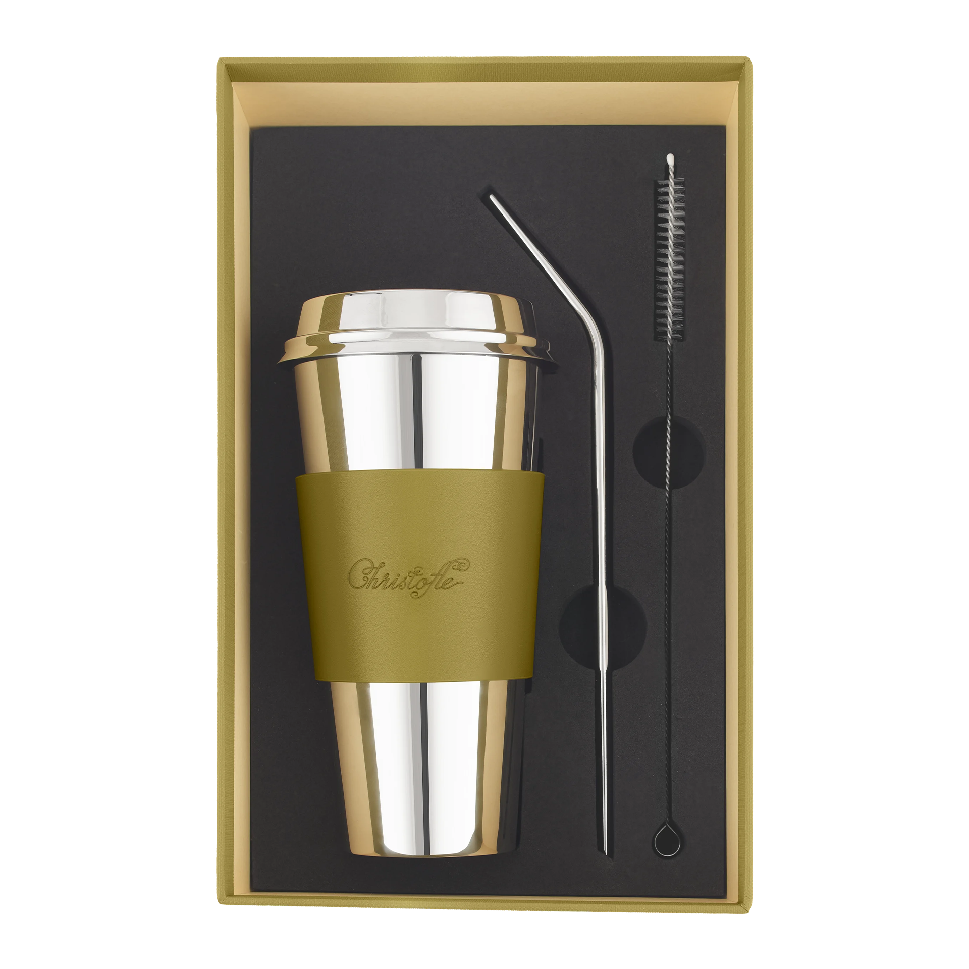 To-Go Cup imperial green, Metallbecher, Reisebecher, Gold, Edelstahl, Reinigungsbürste für Strohhalme