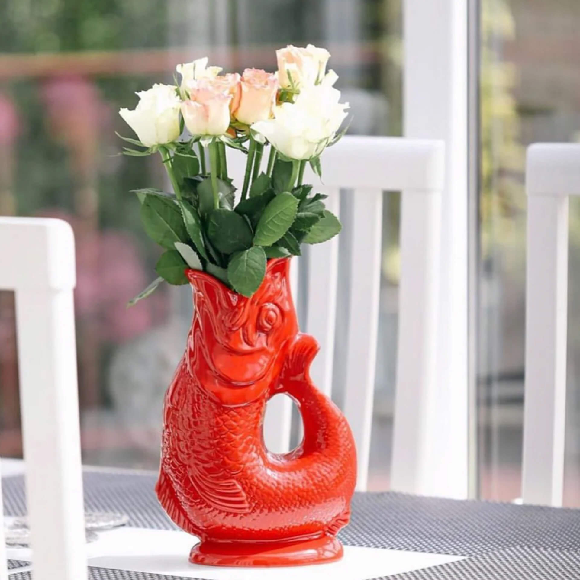 Jug red XL 1.20 l, Vase, Blumen, Rote Vase, Drachenform, Stoffrosen