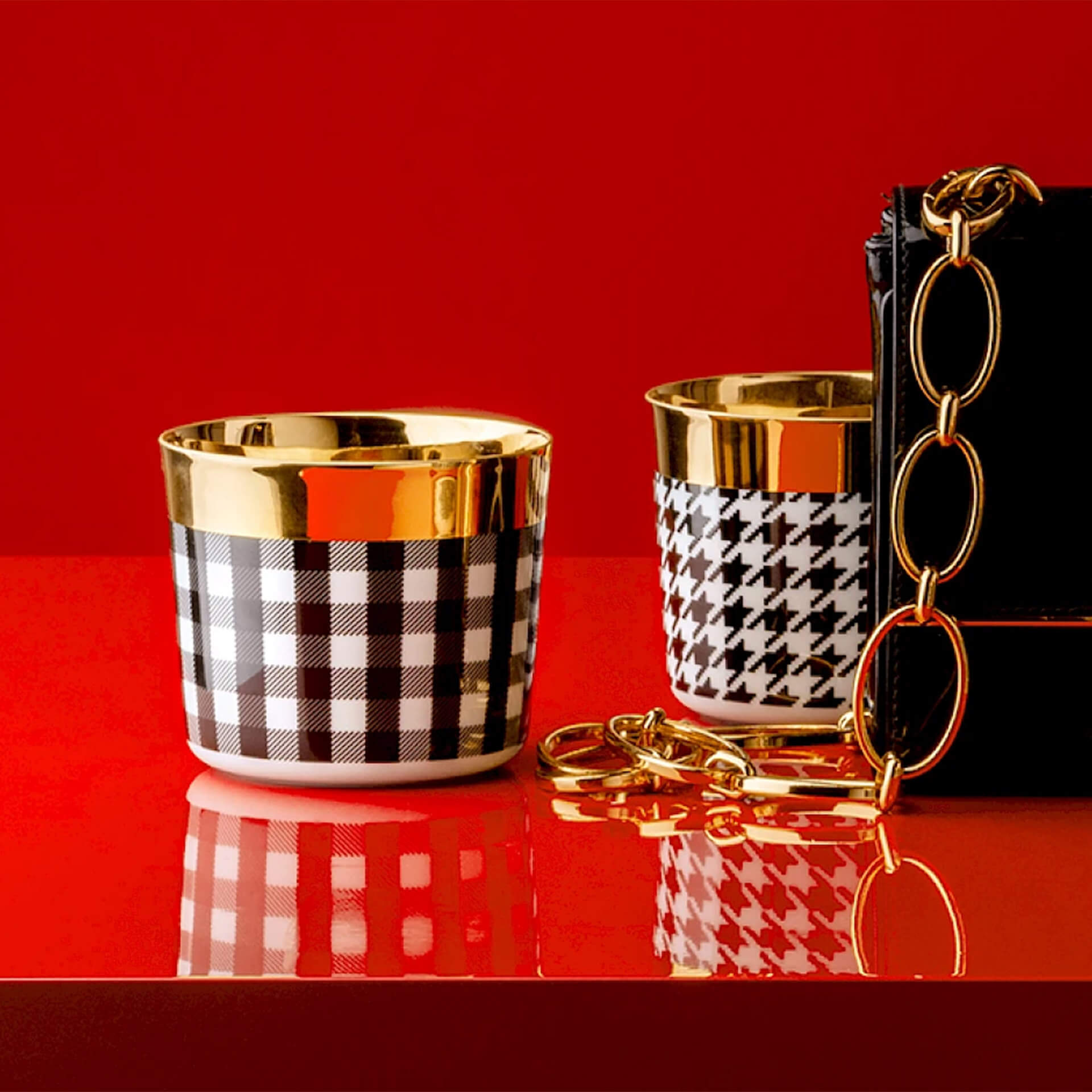 SIEGER Champagnerbecher Pepita, Kerzenhalter,  Karomuster Muster, Goldrand, Goldkette, Dekoration