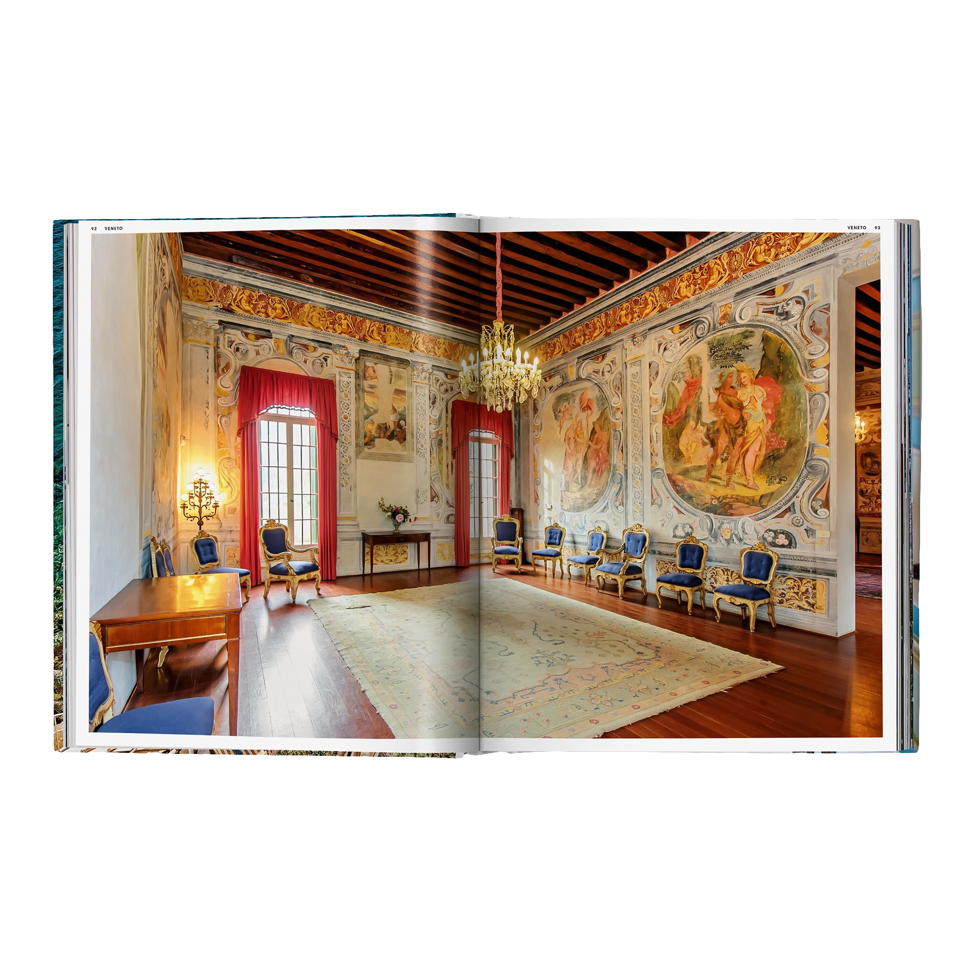 Coffee Table Book Great Escapes Italy, ornate_room, kronleuchter, muralwände, blaue gepolsterte stühle, teppich