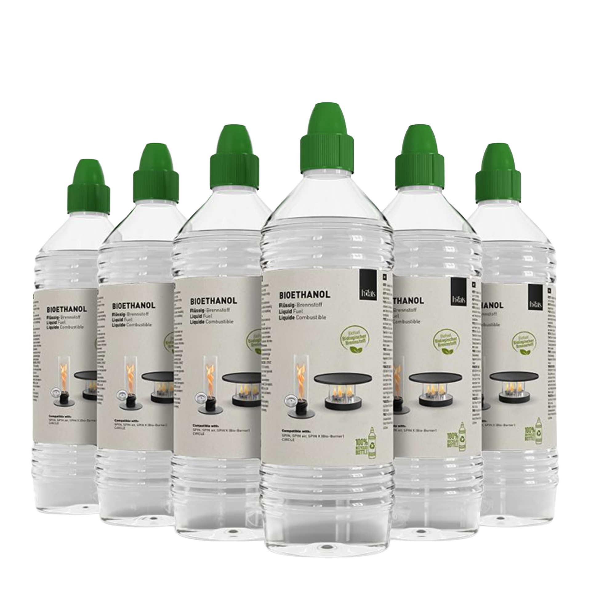 Bioethanol Liquid Fuel 1l Bottlel Set of 6, Bioethanol, Flüssigtreibstoff, Treibstoffflasche, Klarflüssig, Grüner Deckel