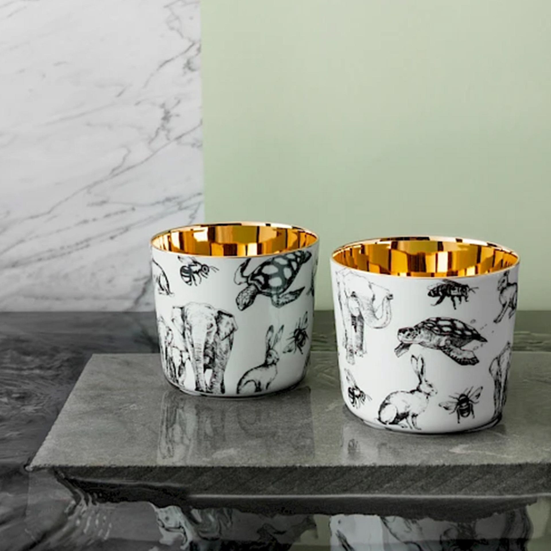 SIEGER by FÜRSTENBERG, keramikbecher, tassen, becher-set, tiermuster, goldinneres