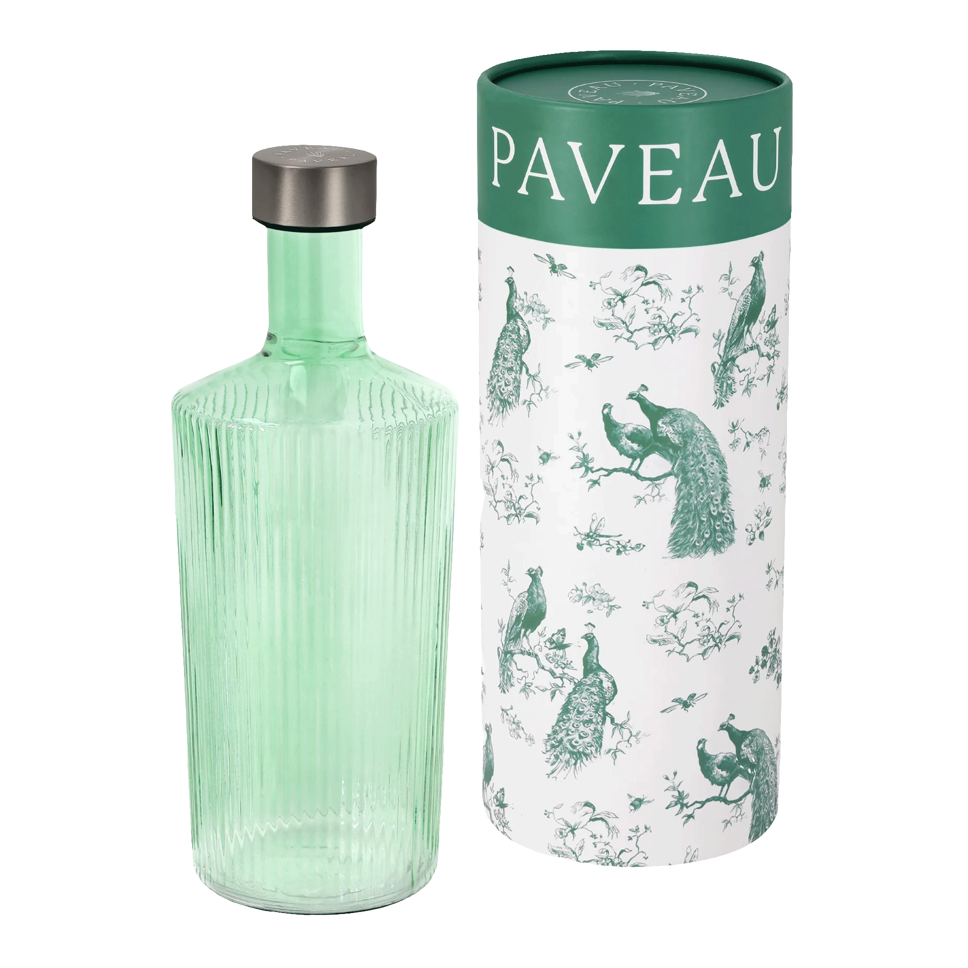 Glass bottle Bondi 1.25 l, Glasflasche, grüne Flasche, gerillte Oberfläche, Flaschenverschluss, Pfauen-Design