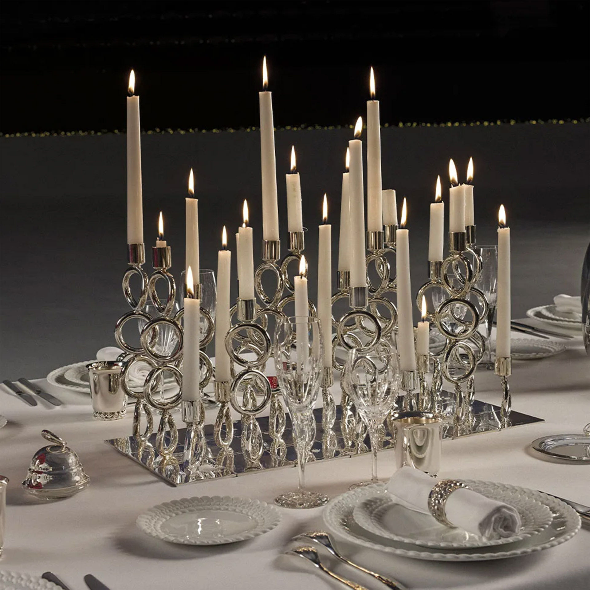 Candlestick Four-Ring silver-plated, Tischdeko, Kandemantel, Kronleuchter, Teelichter, Silber