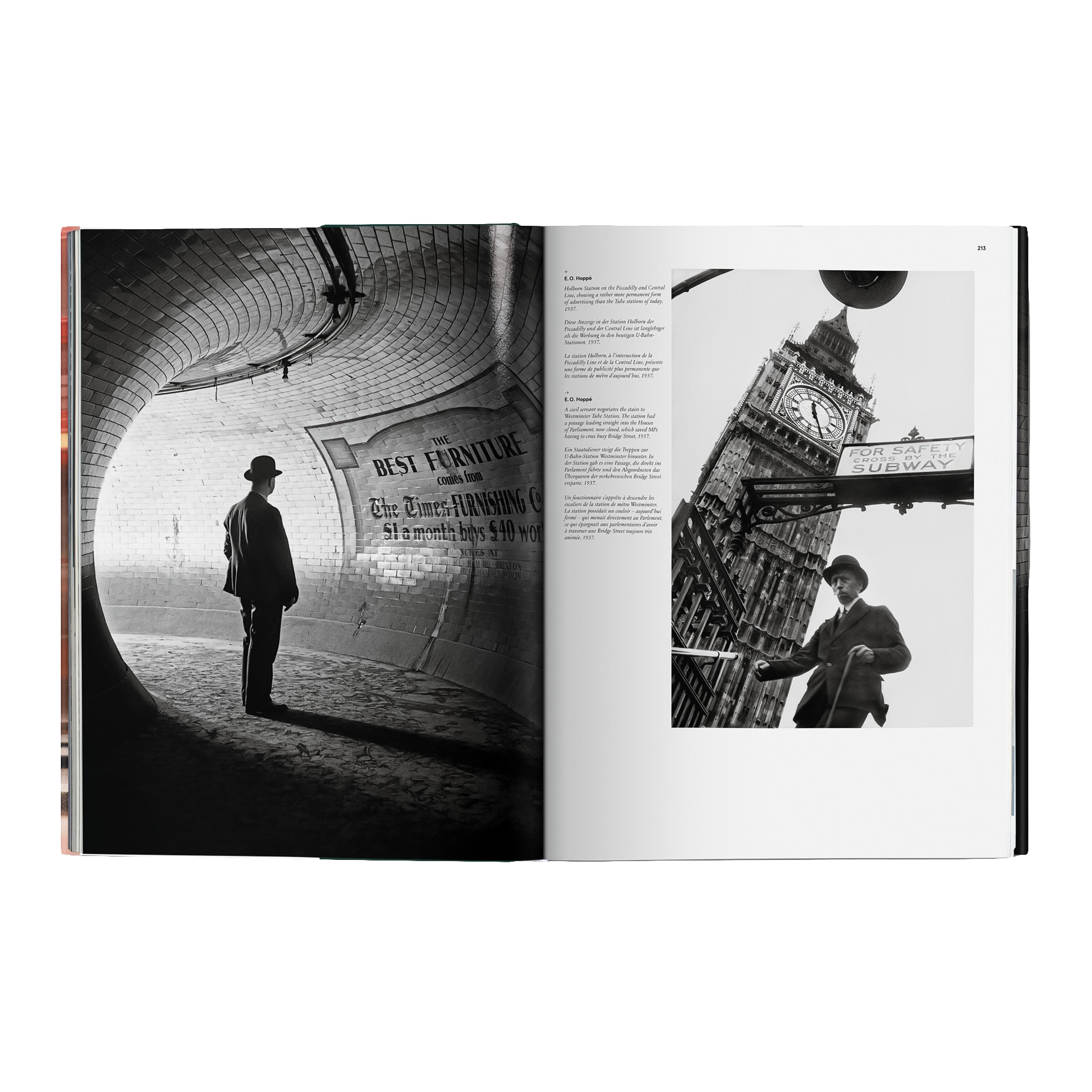Coffee Table Book London, Tunnel, Silhouette, Ziegelwand, Uhrturm, Zeitungsanzeige