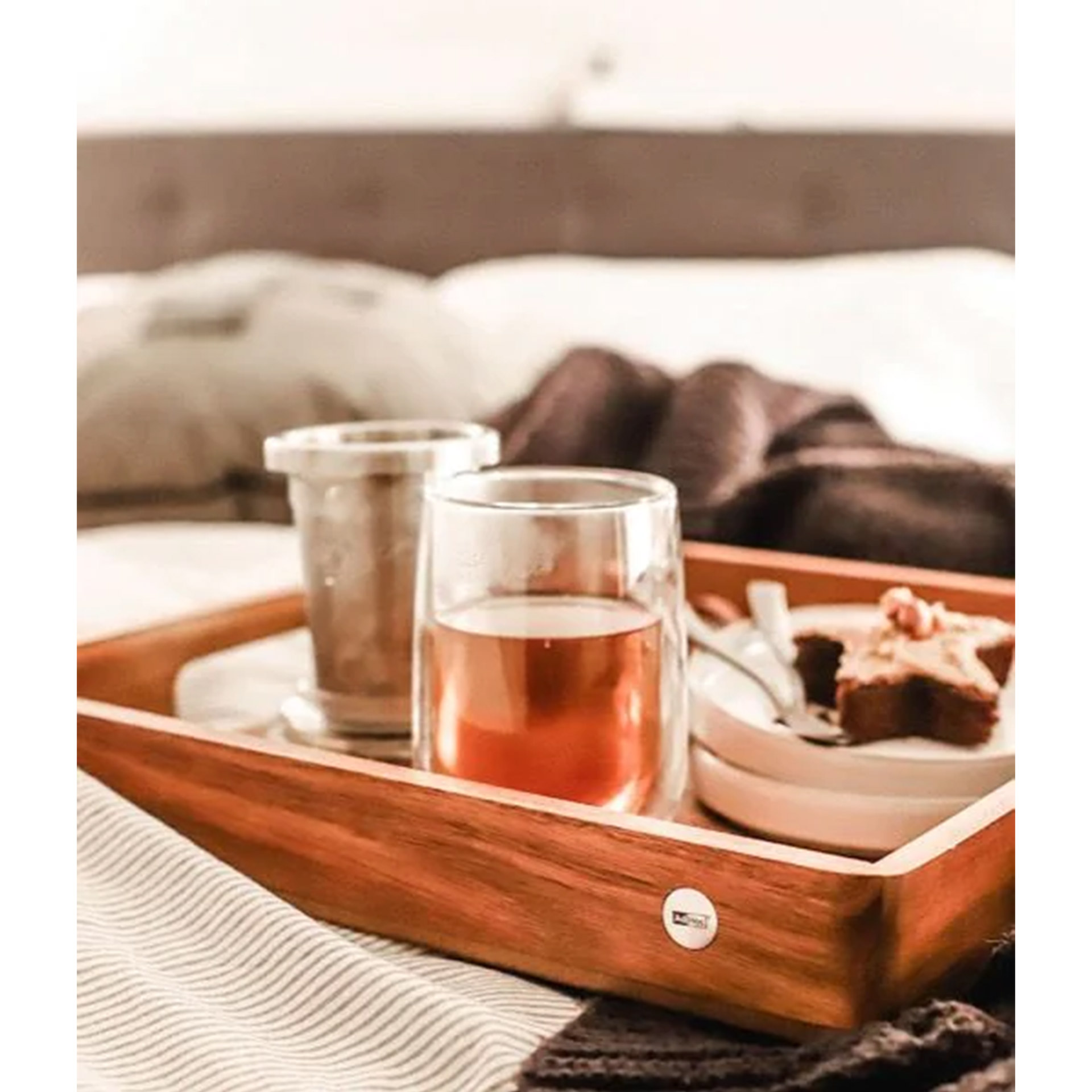 Serving Tray Square 40x40 cm, Teedose, Glas, Trinkbehälter, Holztablett, Getränk