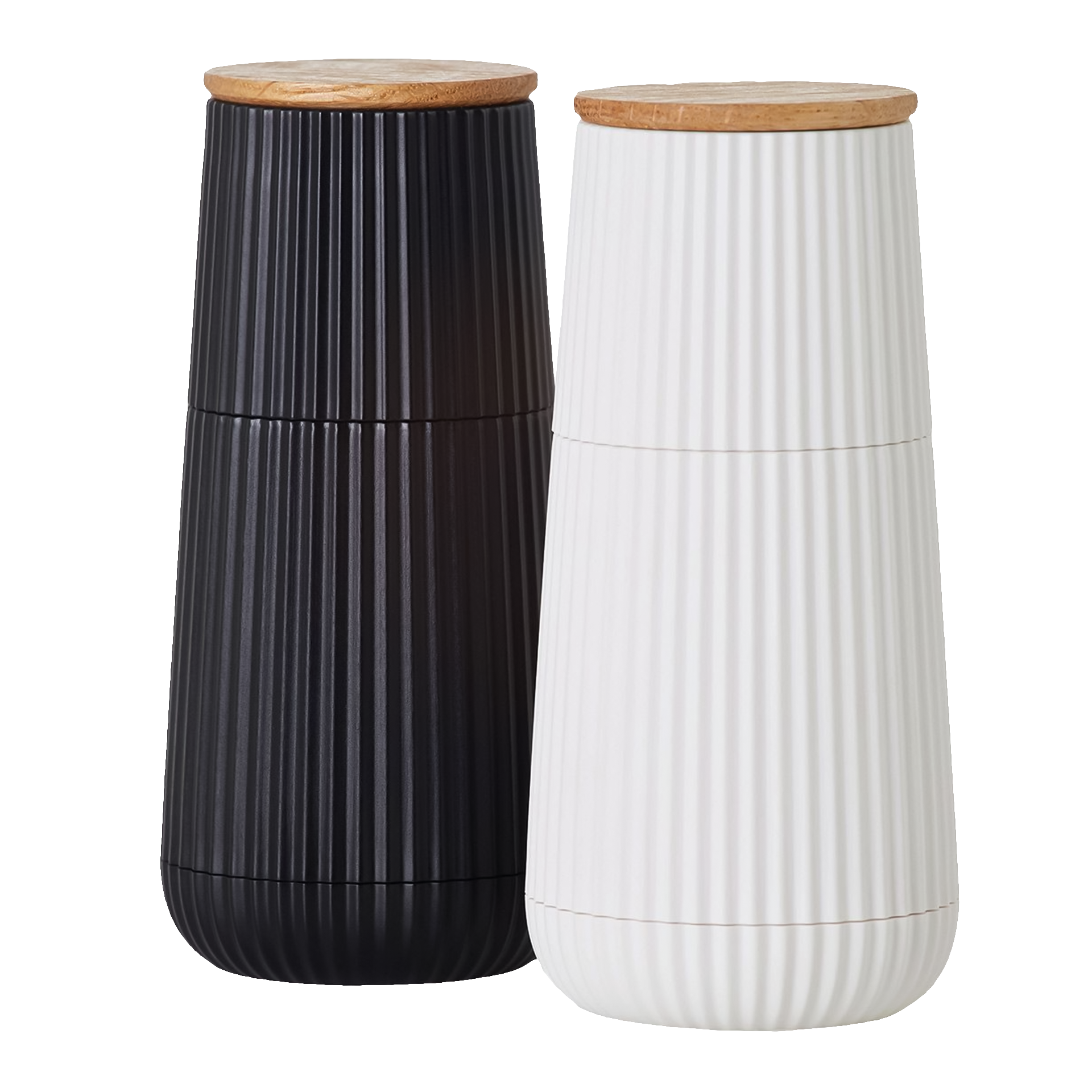 Salt & Pepper Mill Set Black/White, salad spinner, pepper mill, grinder, wood lid, ribbed texture