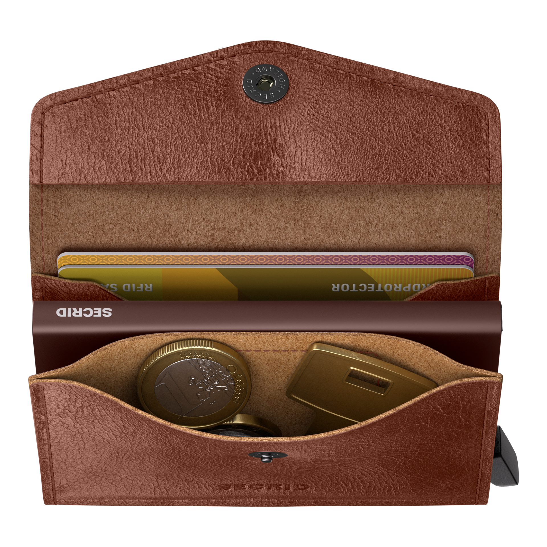 Envelope Wallet Cognac, 钱包, 卡夹, 硬币袋, 棕色皮革, 按扣钮