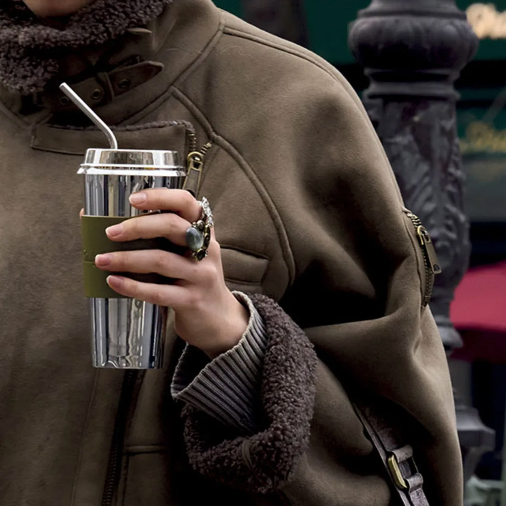 To-Go Cup imperial green, jacke, braun, shearling, becher, edelstahl tumbler