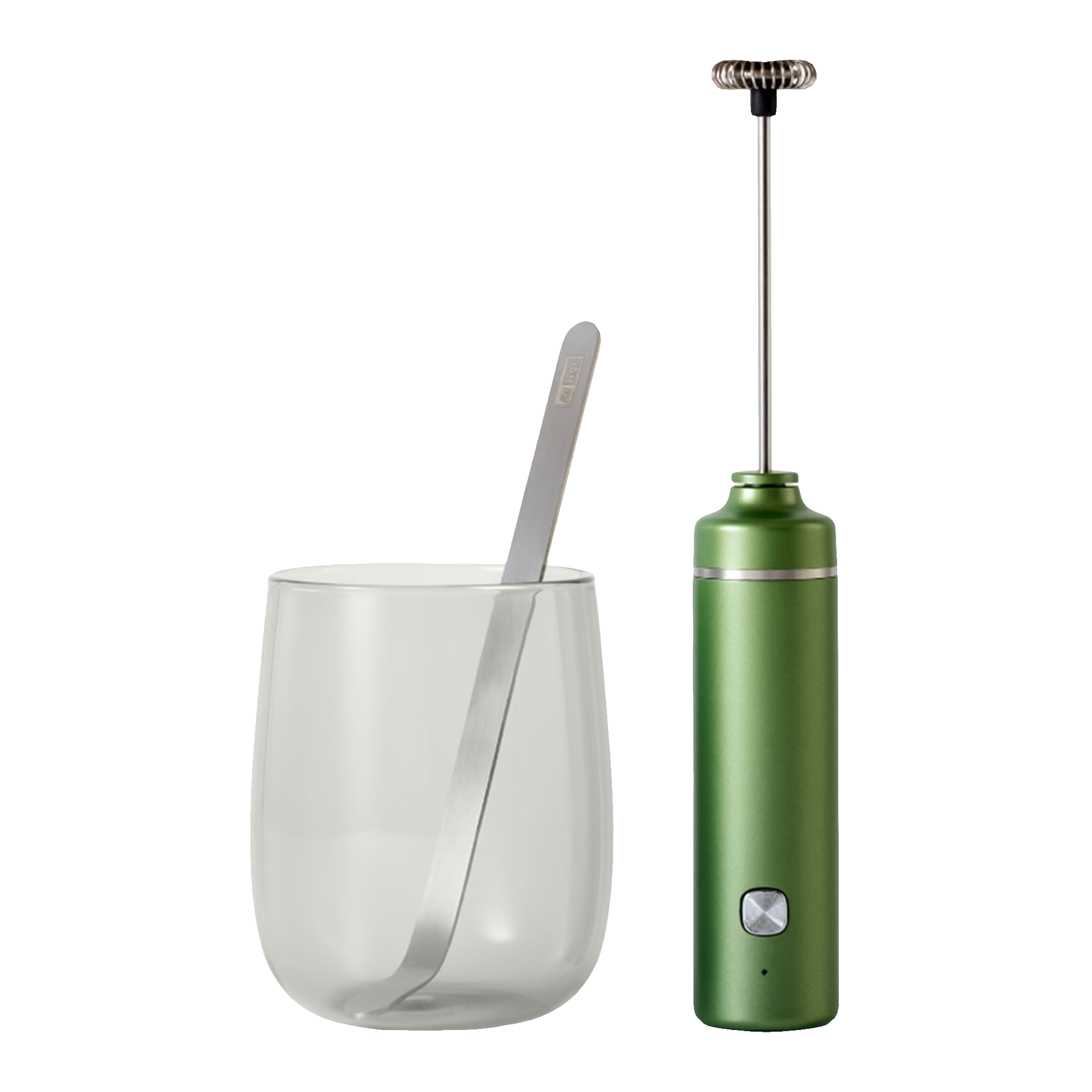 Matcha Lover's Set, Elektrischer Milchaufschäumer, Stabaufschäumer, Grüner Metall, Glasbehälter, Löffel/Schöpfkelle