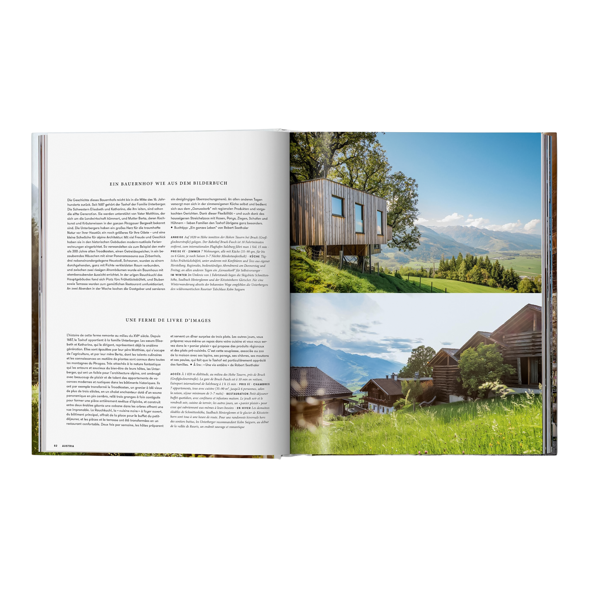 Coffee Table Book Great Escapes Alps, Holzhaus, Ferienhaus, Landschaft, Grünes Feld, Hintergrundberge