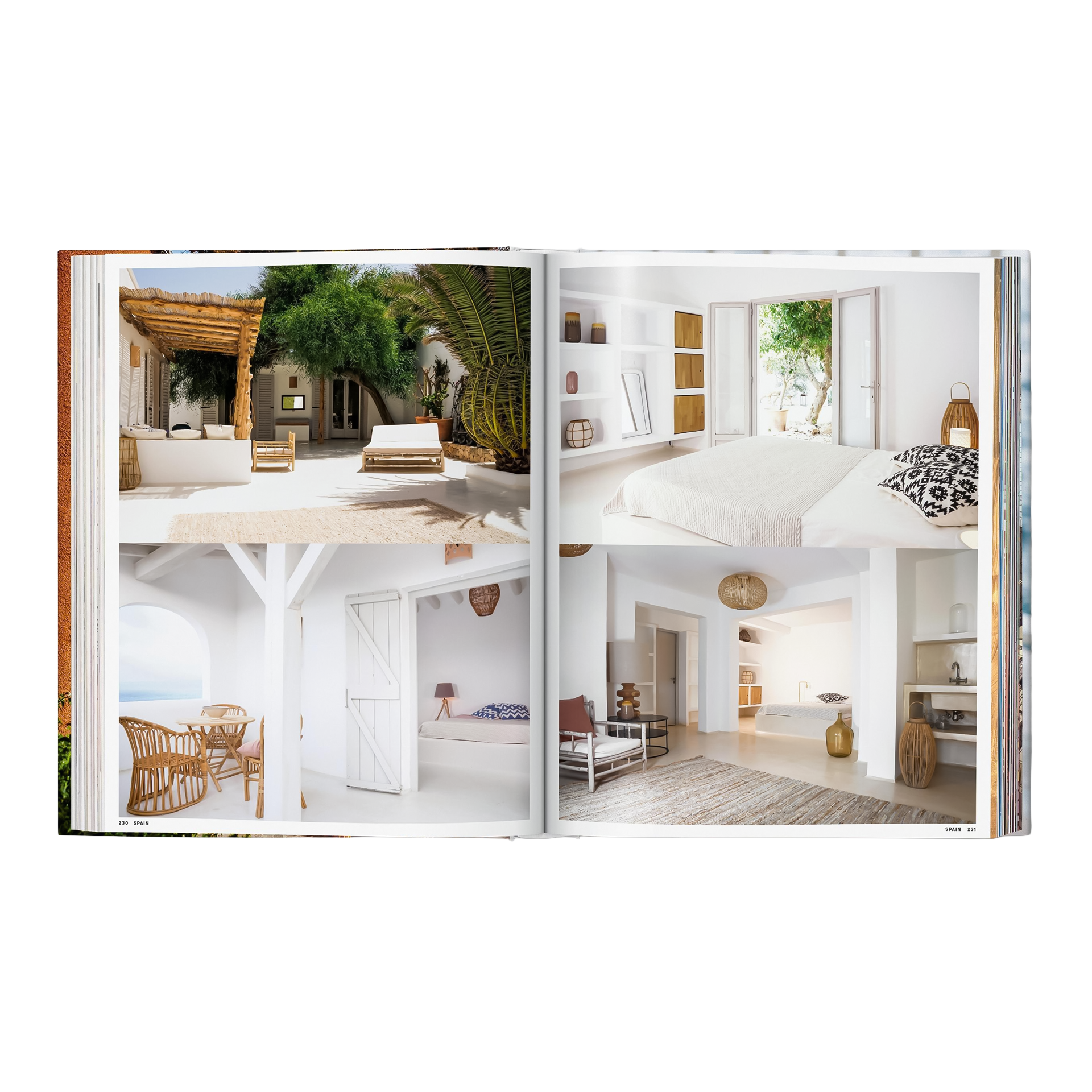 Coffee Table Book Great Escapes Mediterranean, outdoor lounge, weiße innenraum, sonnendurchfluteter hof, rattan möbel, minimalistische dekoration