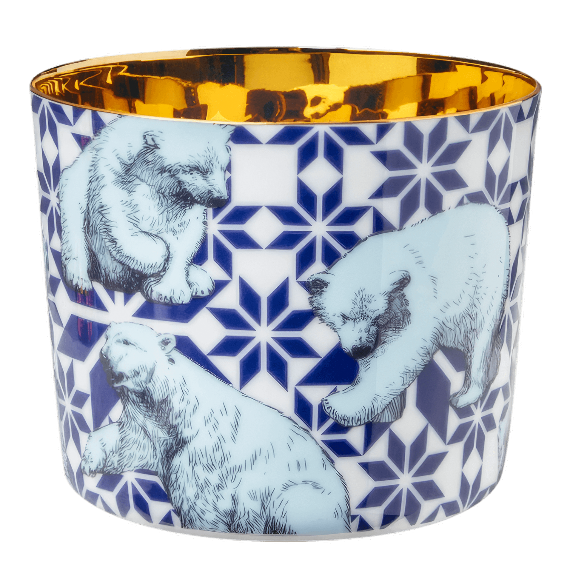Champagne Goblet Polar Bears,  Porzellanbecher,  Polarfüchse?,  Blaue geometrische Muster,  Weißes Blau Keramik,  Goldinneres