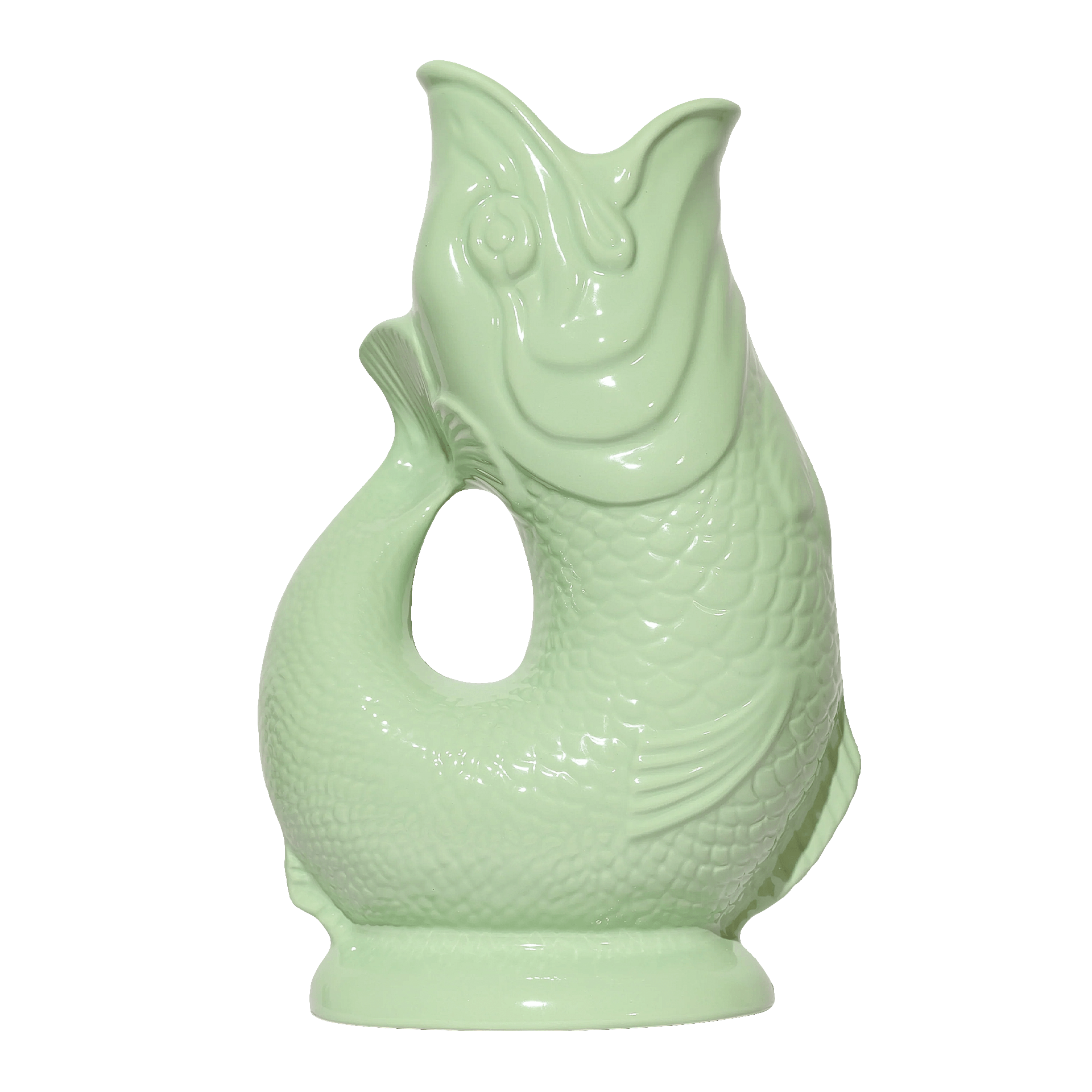 Jug pistachio XL 1.20 l, kafékrug, fischform, porzellan, mintgrün, sichtfenster/lochhalter