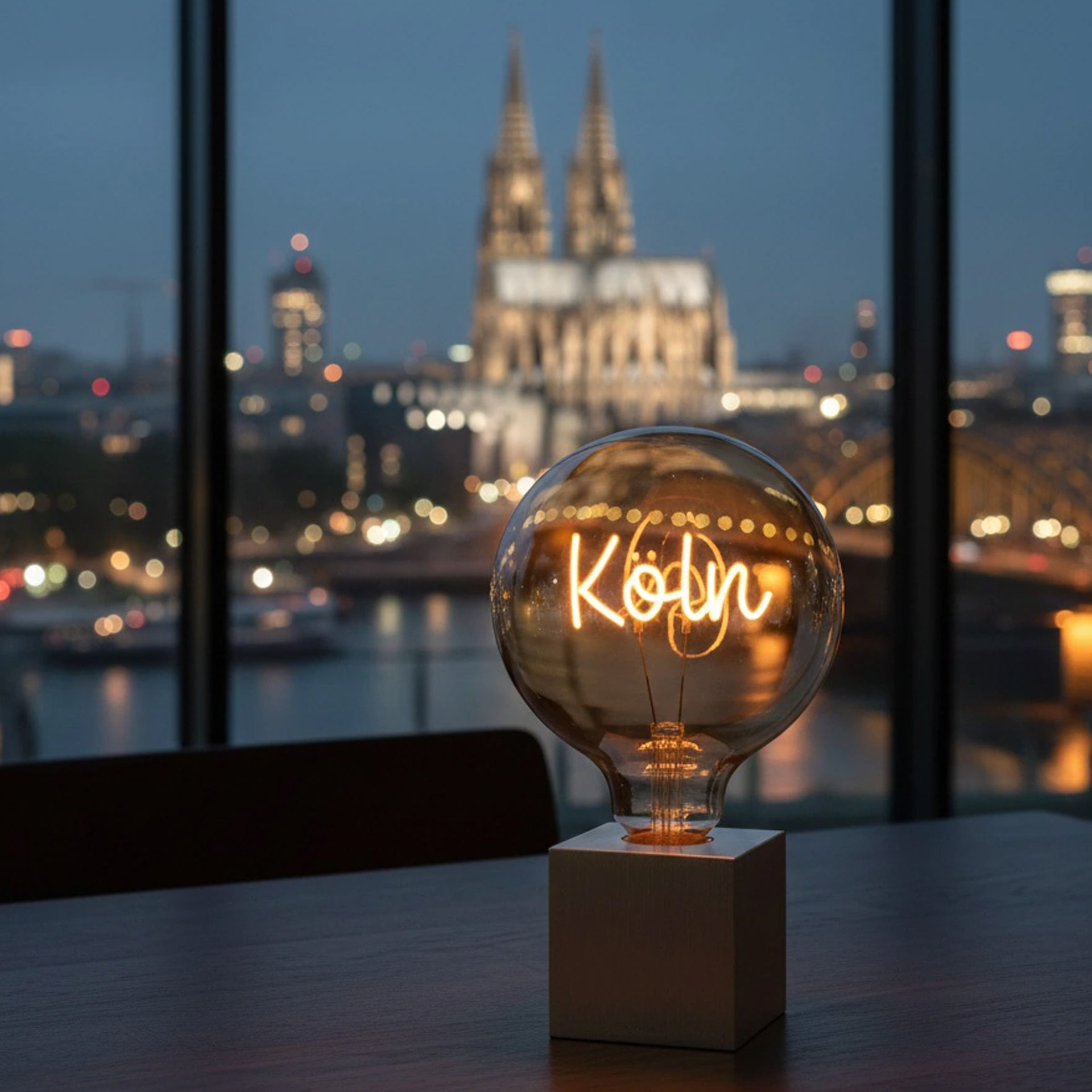 LED decorative bulb Köln, Globuslampe, Glaskugel, Tischlampe, Stadtansicht, warme Beleuchtung