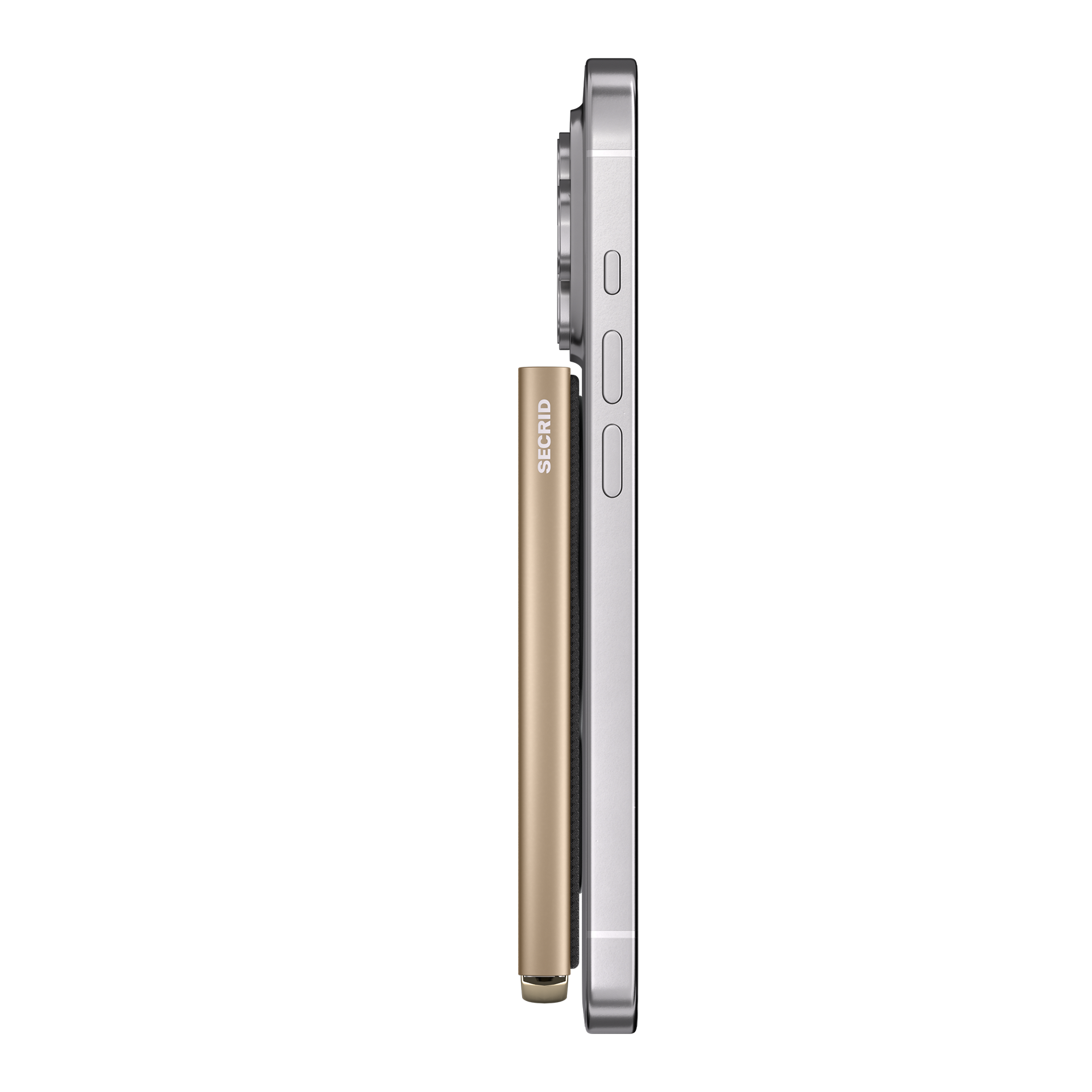 Cardprotector+ Cashmere, smartphone, Sideansicht, goldene Farbe, Bedienelemente, Kamera-Modul