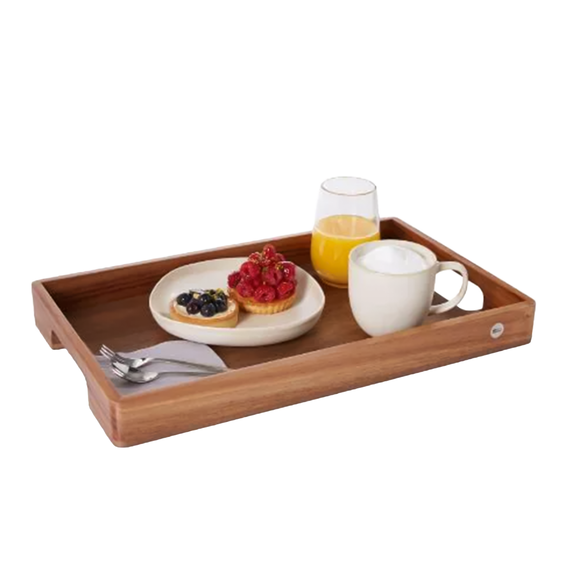 Serving Tray Rectangular 50x30 cm, Holztablett, Frühstückstablett, Teller, Fruchtgebäck, Kaffeetasse, Saftglas, Besteck