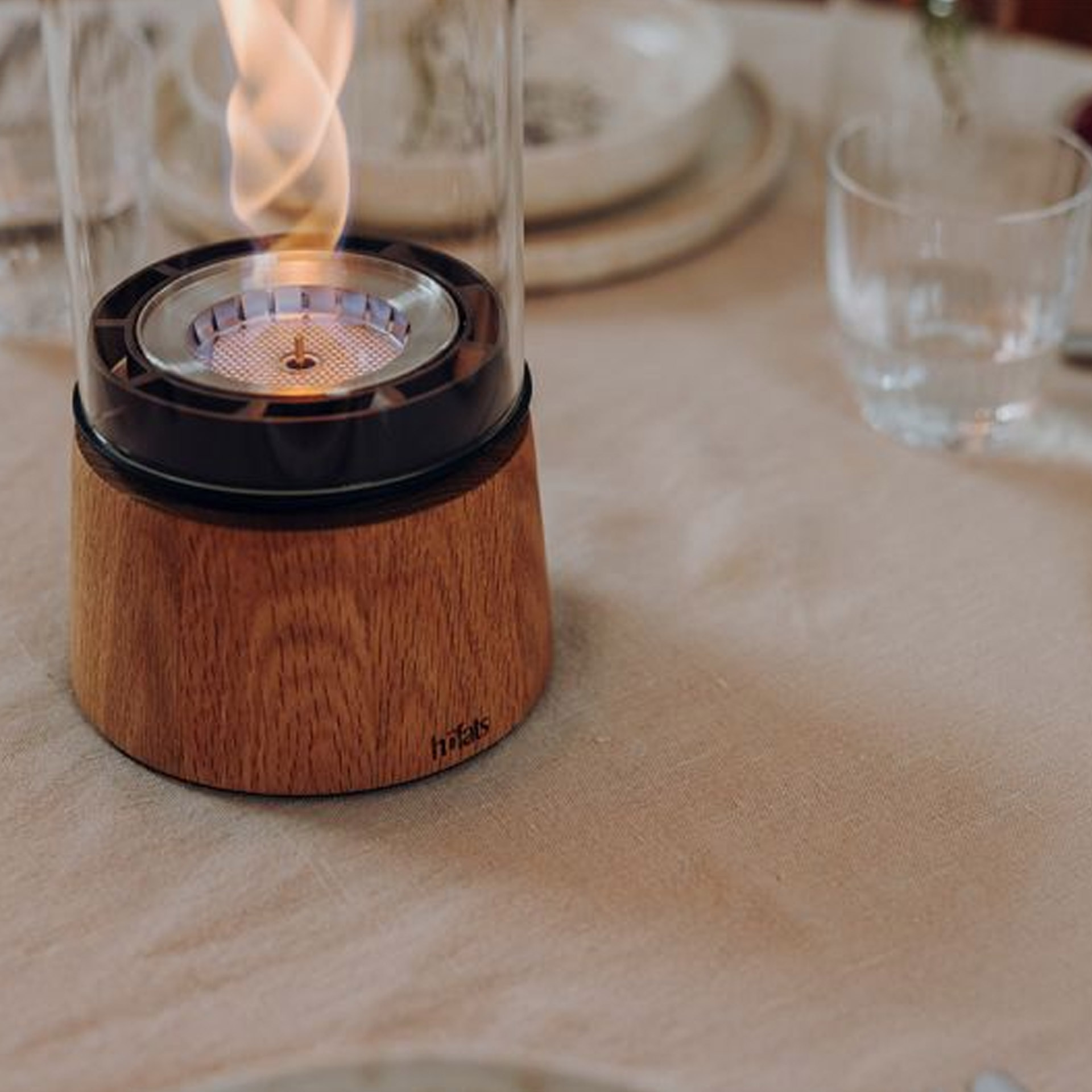 Tabletop Fireplace 900 Oak, Gaslampe, Holzunterteil, Klarglas, Flamme, Tischdeko