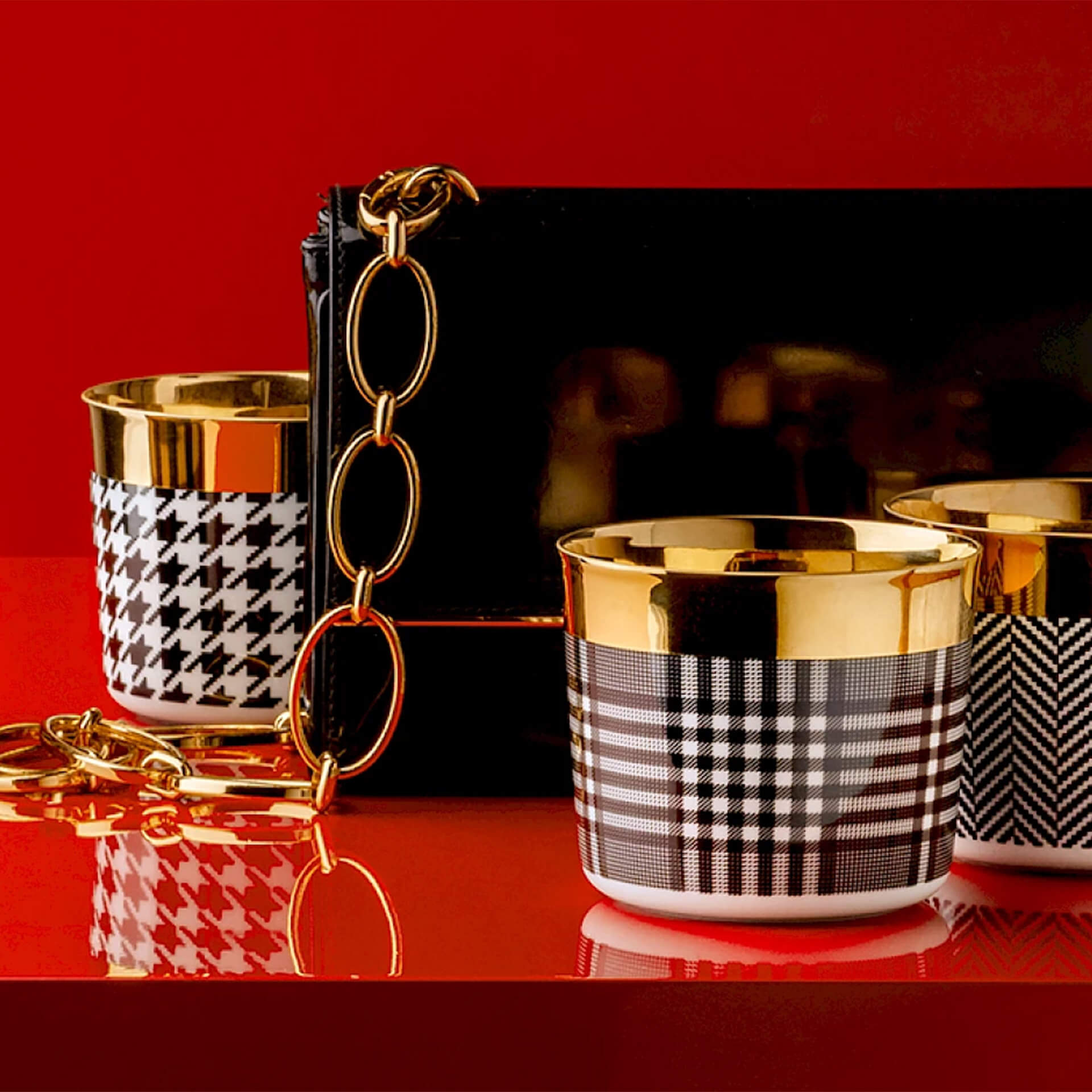 Champagne tumbler Glencheck, Tassen, Schmuckstein, Schwarz-Weiß Muster, Goldrand, Kette