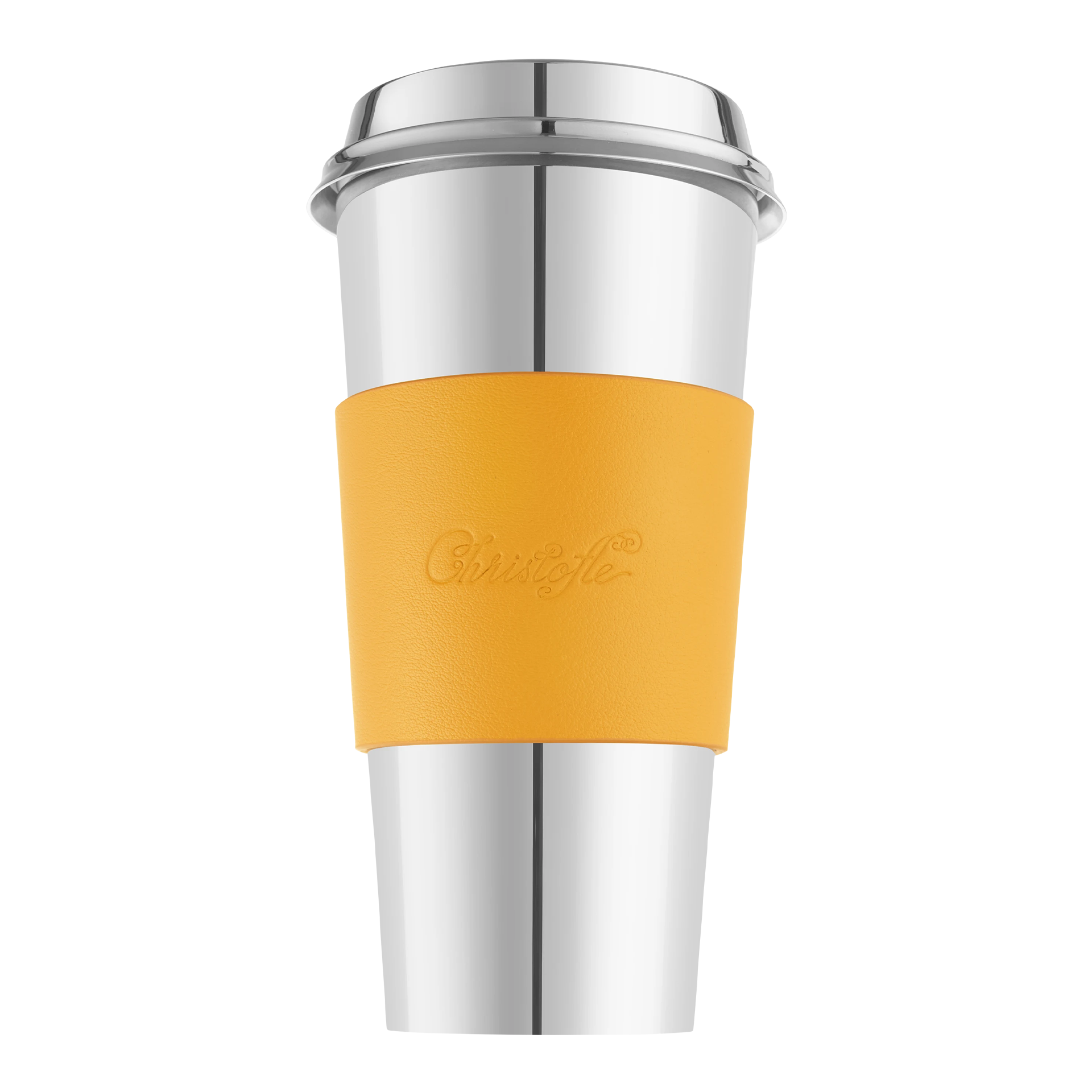 Leather cuff yellow, Reisebecher, Stahl, oranges Schutzband, doppelwandig, Kaffeebecher